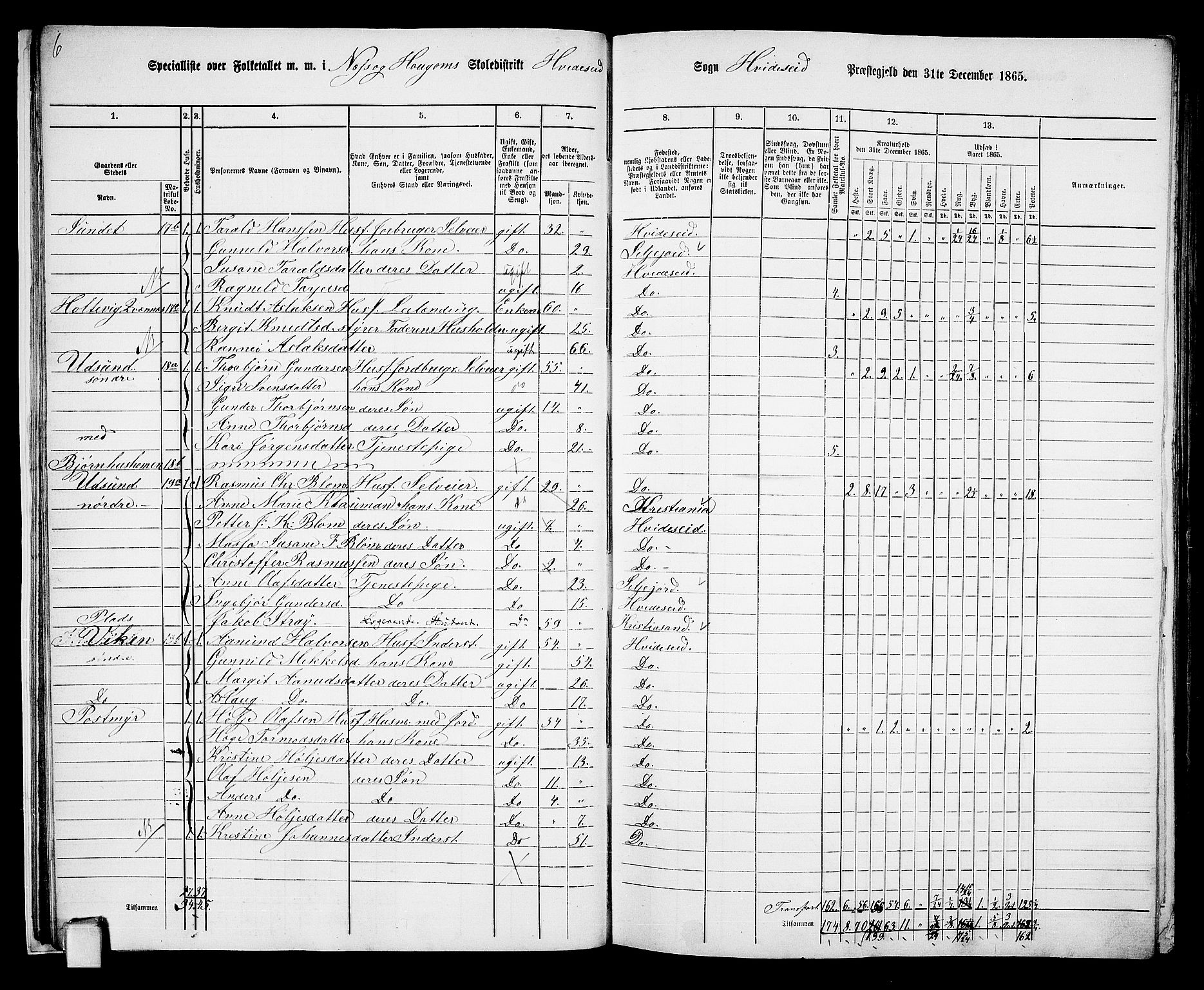 RA, 1865 census for Kviteseid, 1865, p. 17