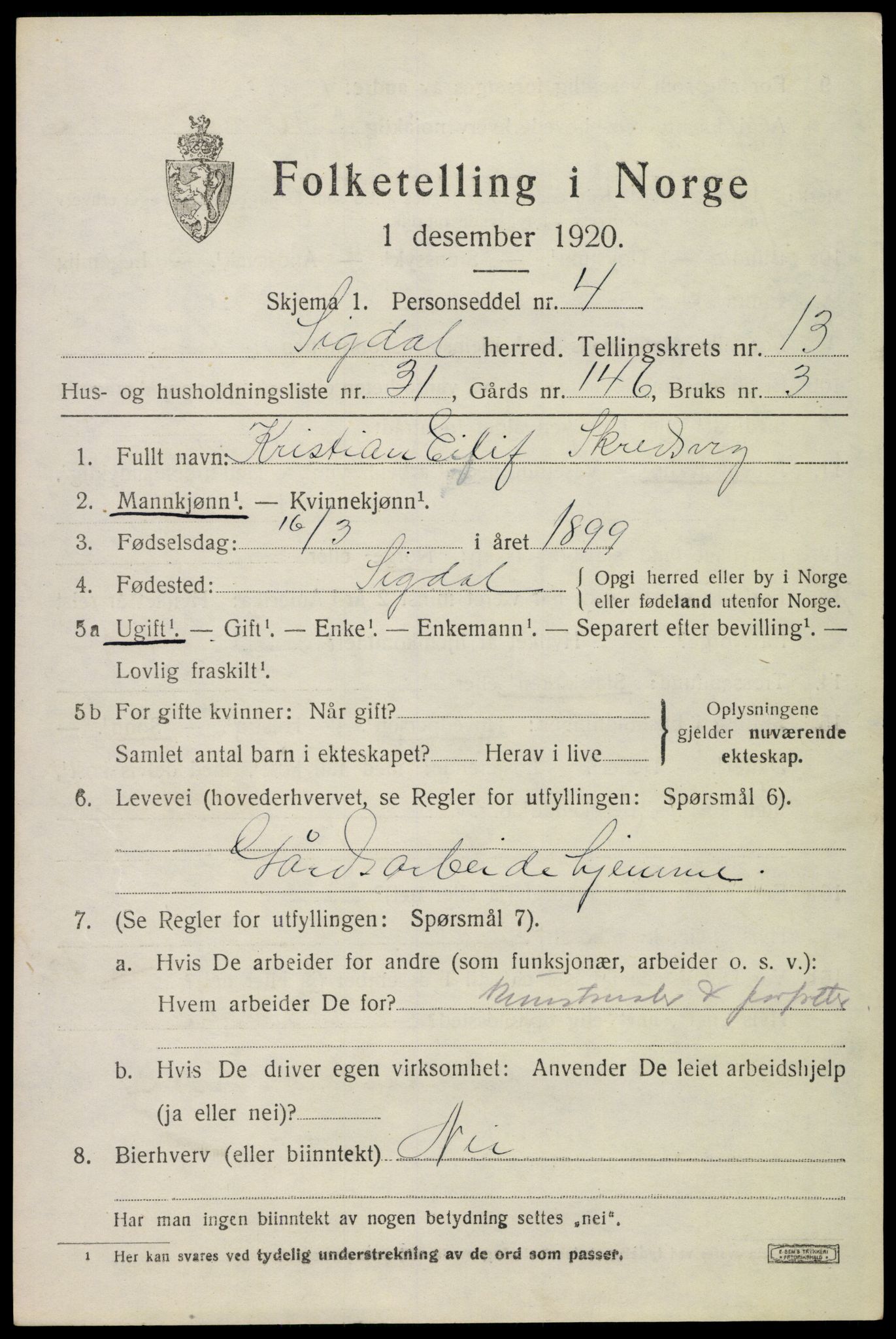 SAKO, 1920 census for Sigdal, 1920, p. 8408