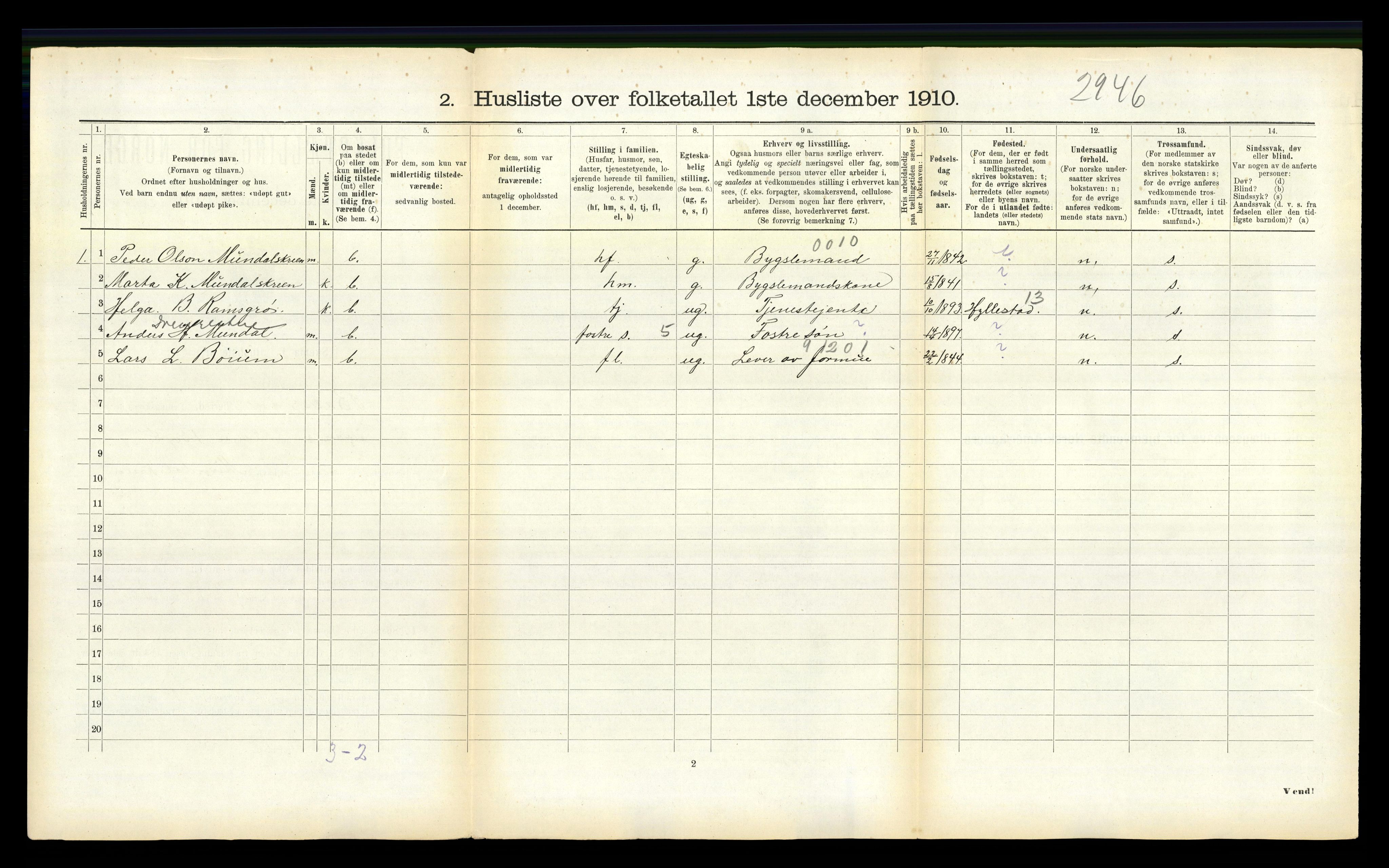 RA, 1910 census for Balestrand, 1910, p. 629