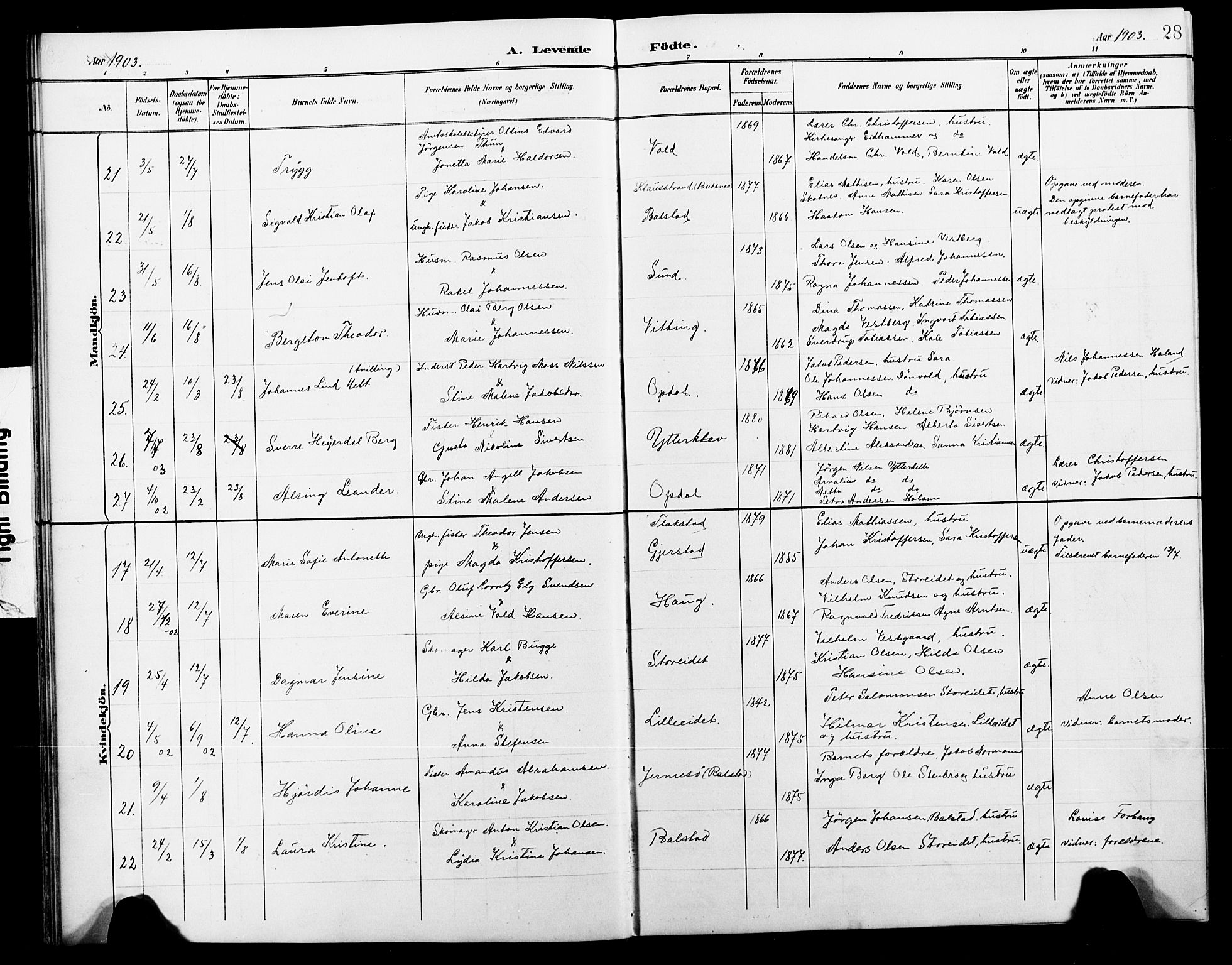 Ministerialprotokoller, klokkerbøker og fødselsregistre - Nordland, AV/SAT-A-1459/881/L1168: Parish register (copy) no. 881C05, 1900-1911, p. 28