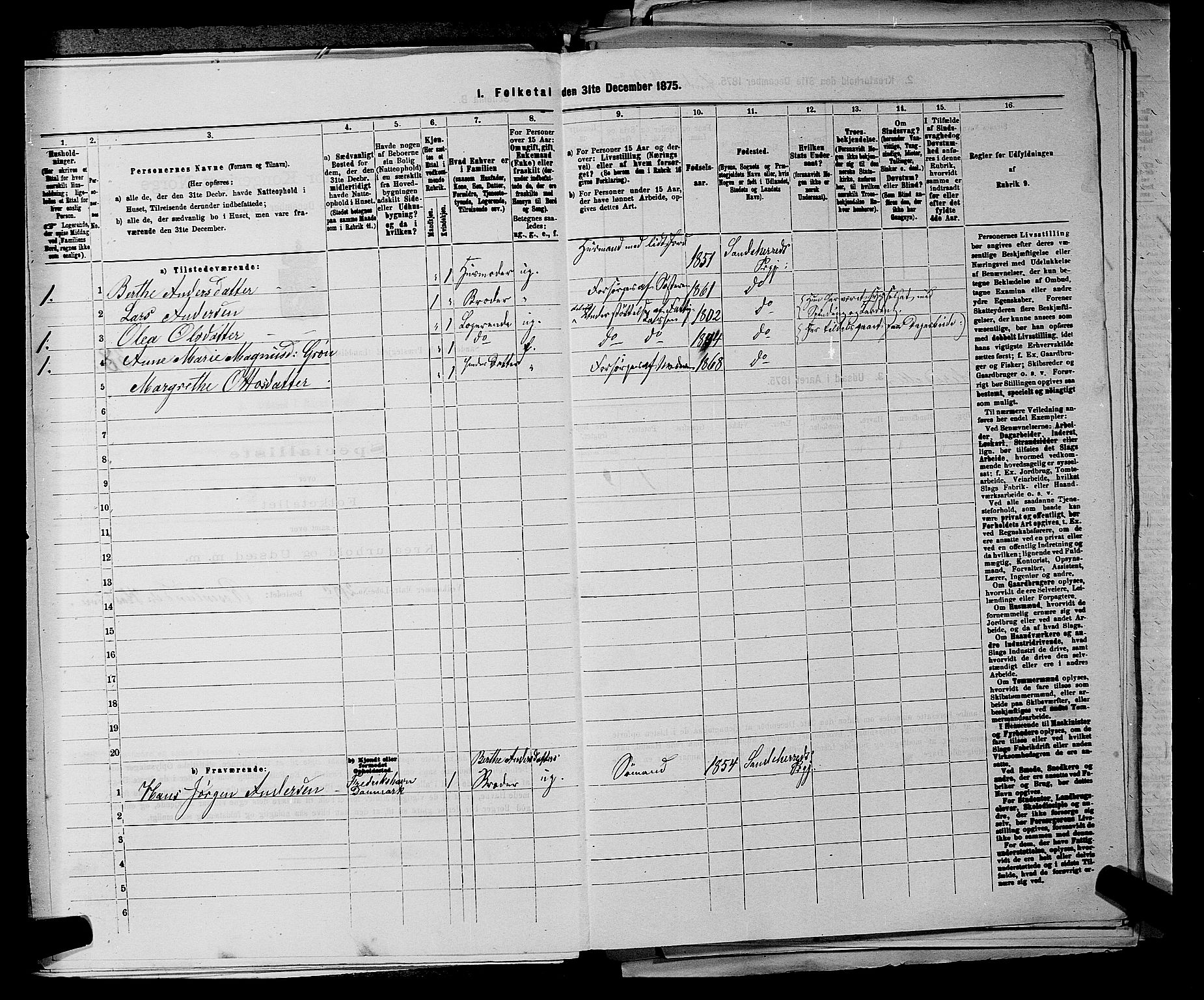 SAKO, 1875 census for 0724L Sandeherred/Sandeherred, 1875, p. 289