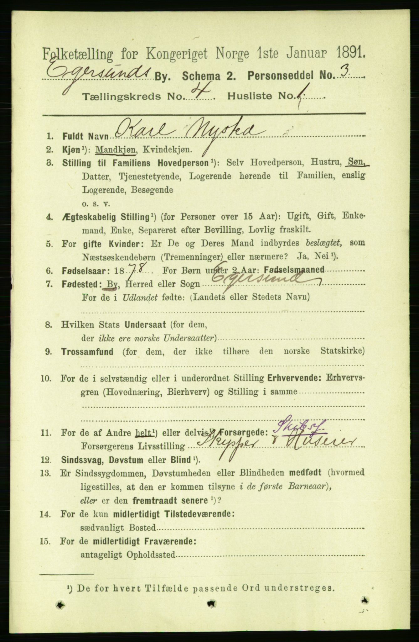 RA, 1891 census for 1101 Egersund, 1891, p. 602