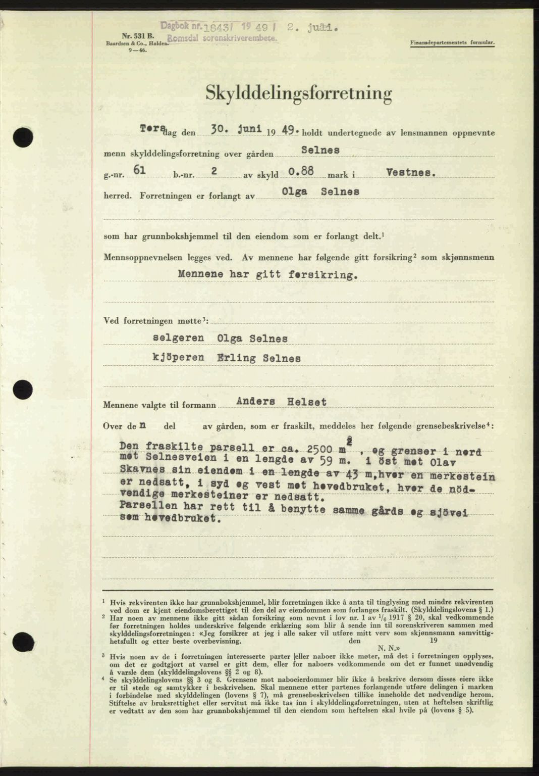 Romsdal sorenskriveri, AV/SAT-A-4149/1/2/2C: Mortgage book no. A30, 1949-1949, Diary no: : 1843/1949