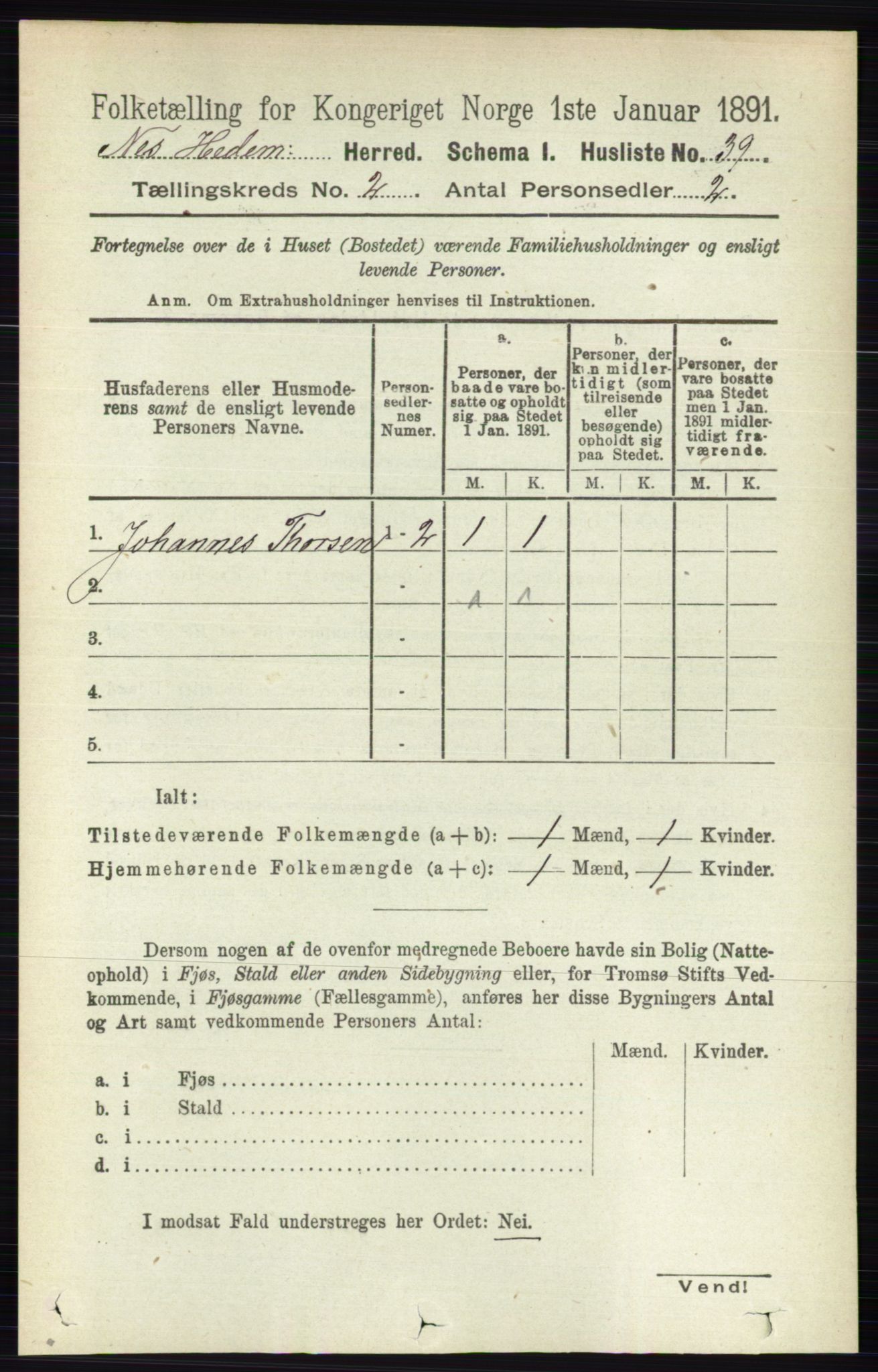 RA, 1891 census for 0411 Nes, 1891, p. 1043