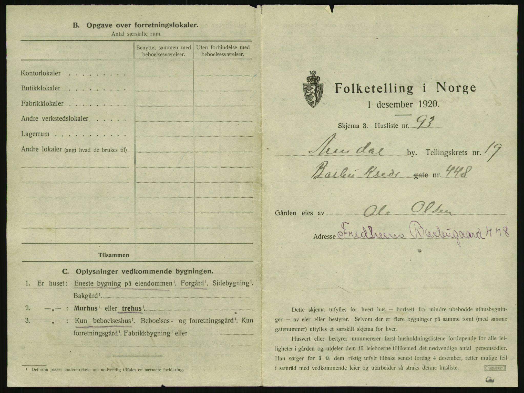 SAK, 1920 census for Arendal, 1920, p. 3098