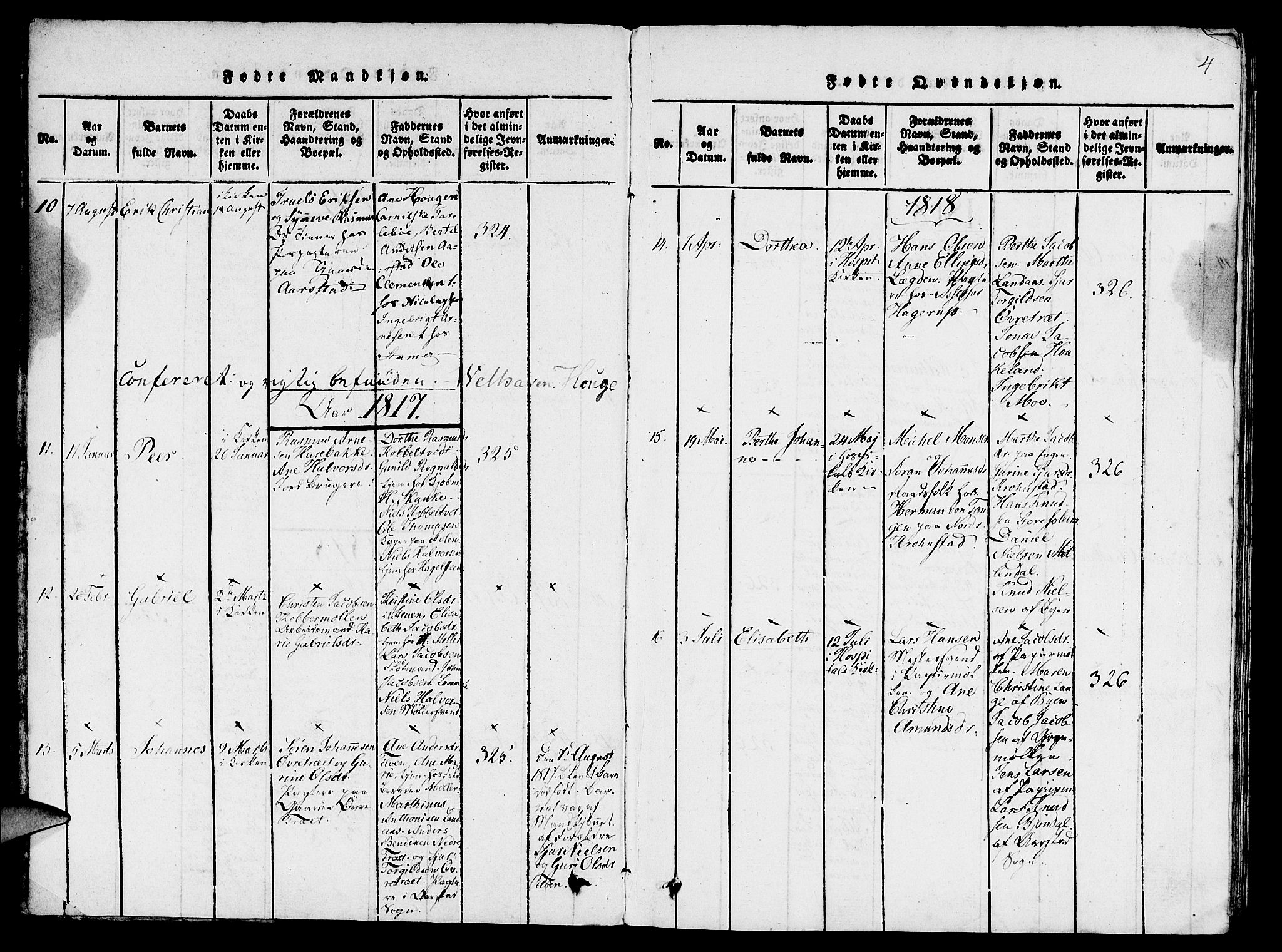 St. Jørgens hospital og Årstad sokneprestembete, AV/SAB-A-99934: Parish register (copy) no. A 1, 1816-1843, p. 4