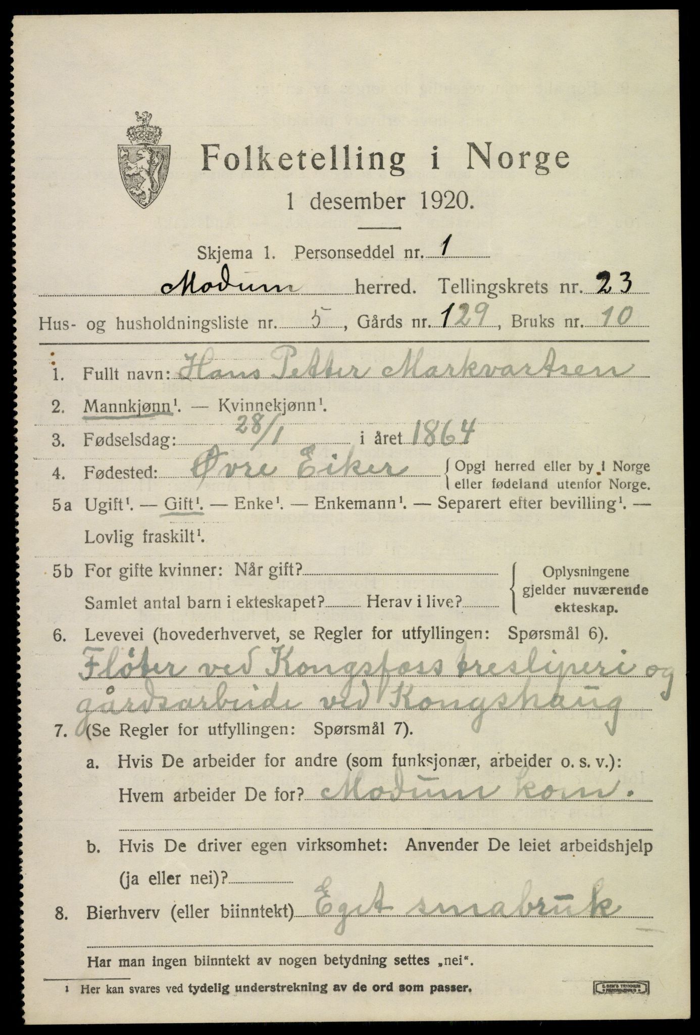 SAKO, 1920 census for Modum, 1920, p. 23443