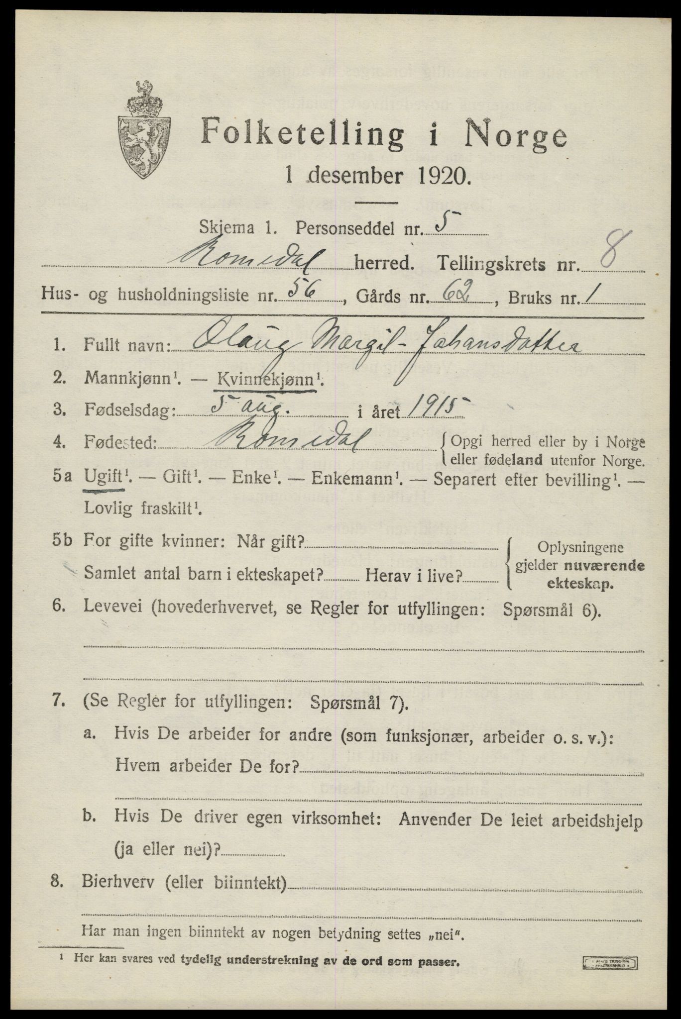 SAH, 1920 census for Romedal, 1920, p. 10339