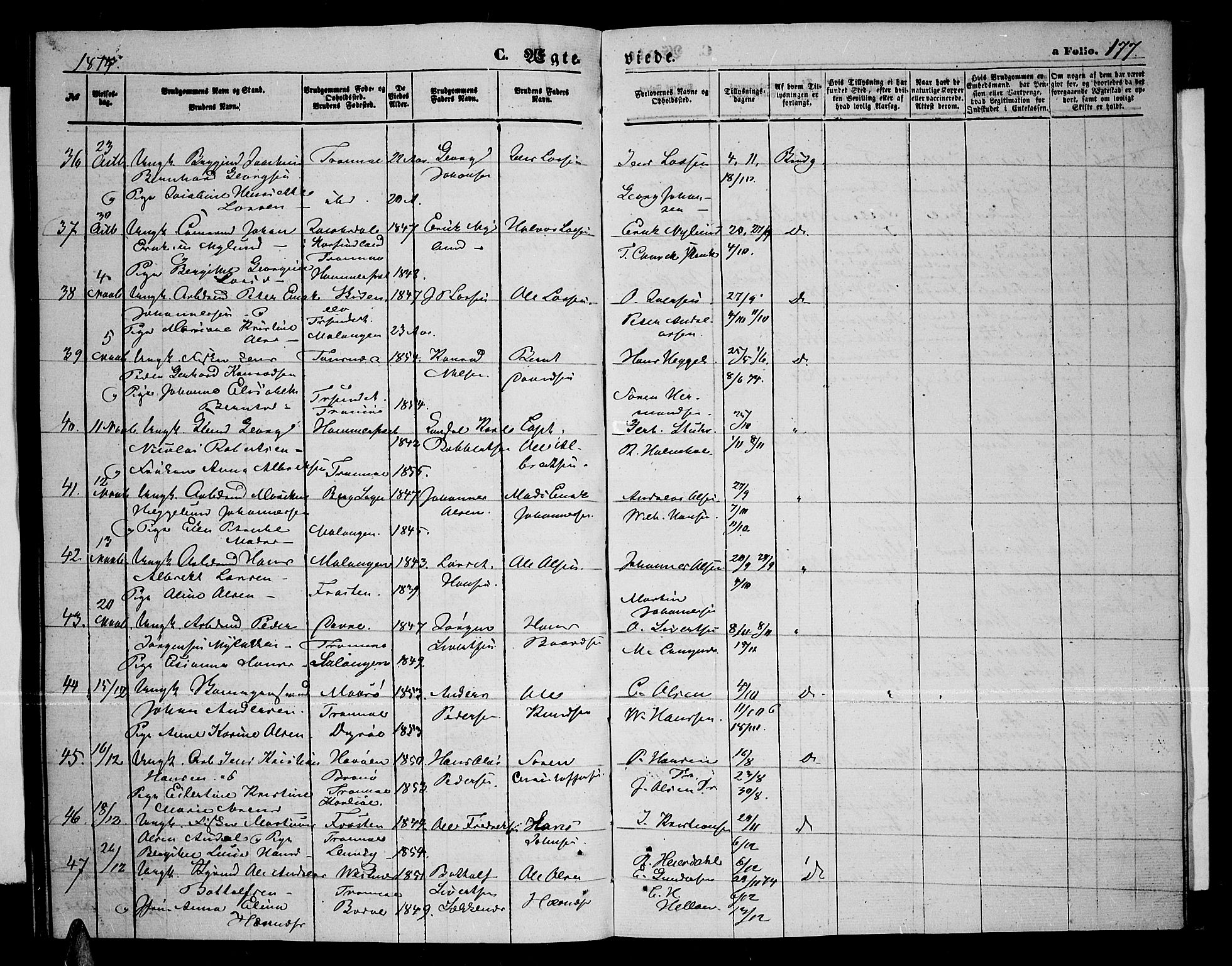 Tromsø sokneprestkontor/stiftsprosti/domprosti, AV/SATØ-S-1343/G/Gb/L0007klokker: Parish register (copy) no. 7, 1867-1875, p. 177