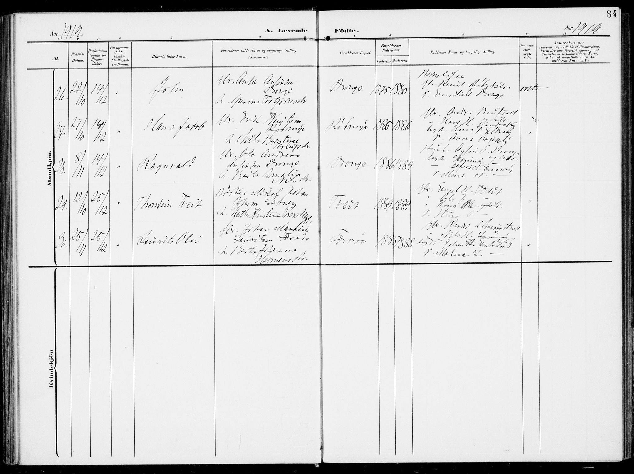 Sveio Sokneprestembete, AV/SAB-A-78501/H/Haa: Parish register (official) no. B  4, 1906-1919, p. 84