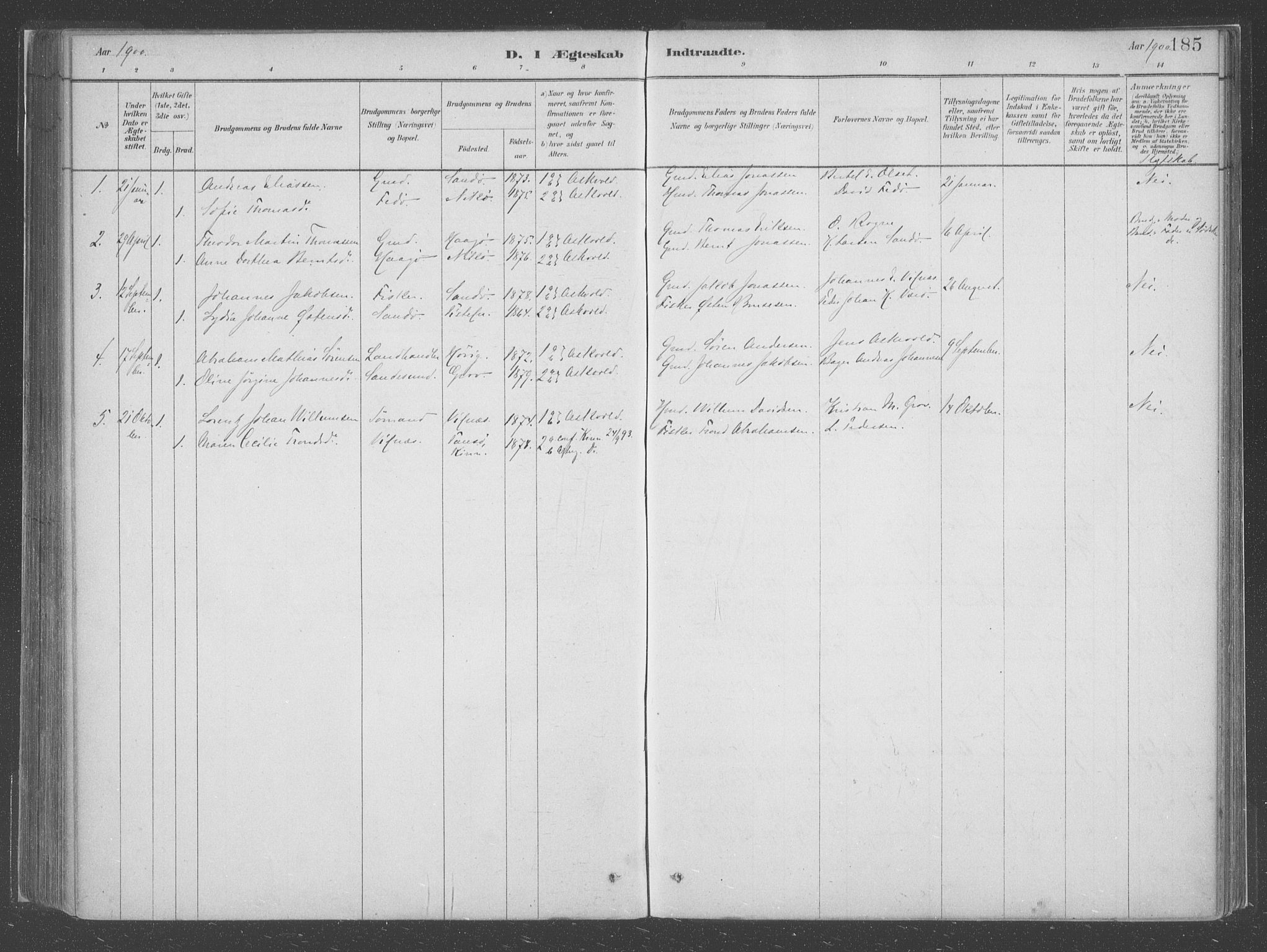 Askvoll sokneprestembete, SAB/A-79501/H/Haa/Haac/L0001: Parish register (official) no. C  1, 1879-1922, p. 185