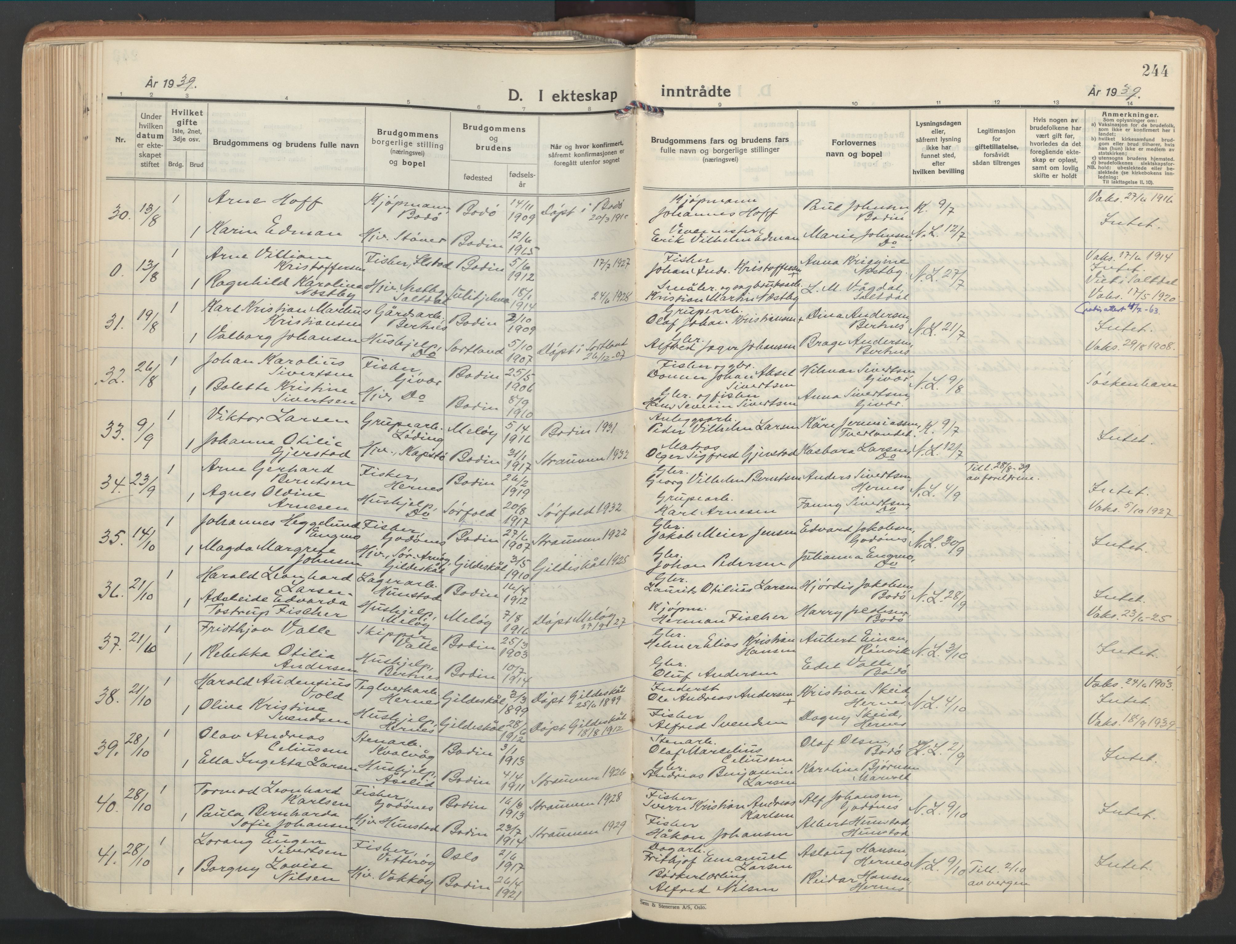 Ministerialprotokoller, klokkerbøker og fødselsregistre - Nordland, AV/SAT-A-1459/802/L0061: Parish register (official) no. 802A08, 1933-1946, p. 244