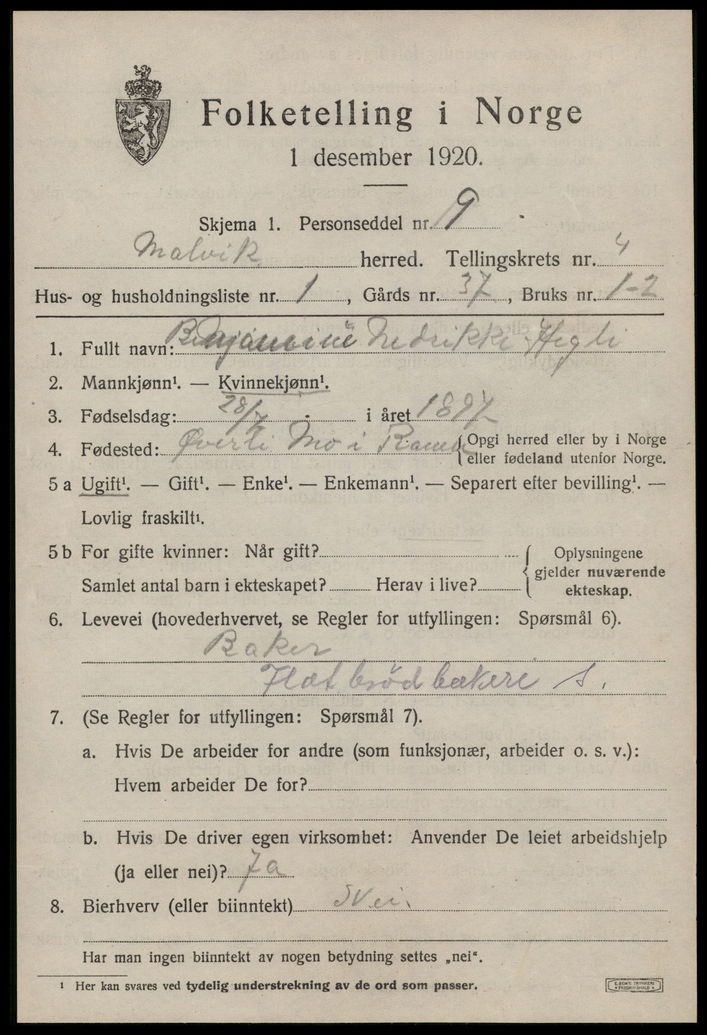 SAT, 1920 census for Malvik, 1920, p. 2584