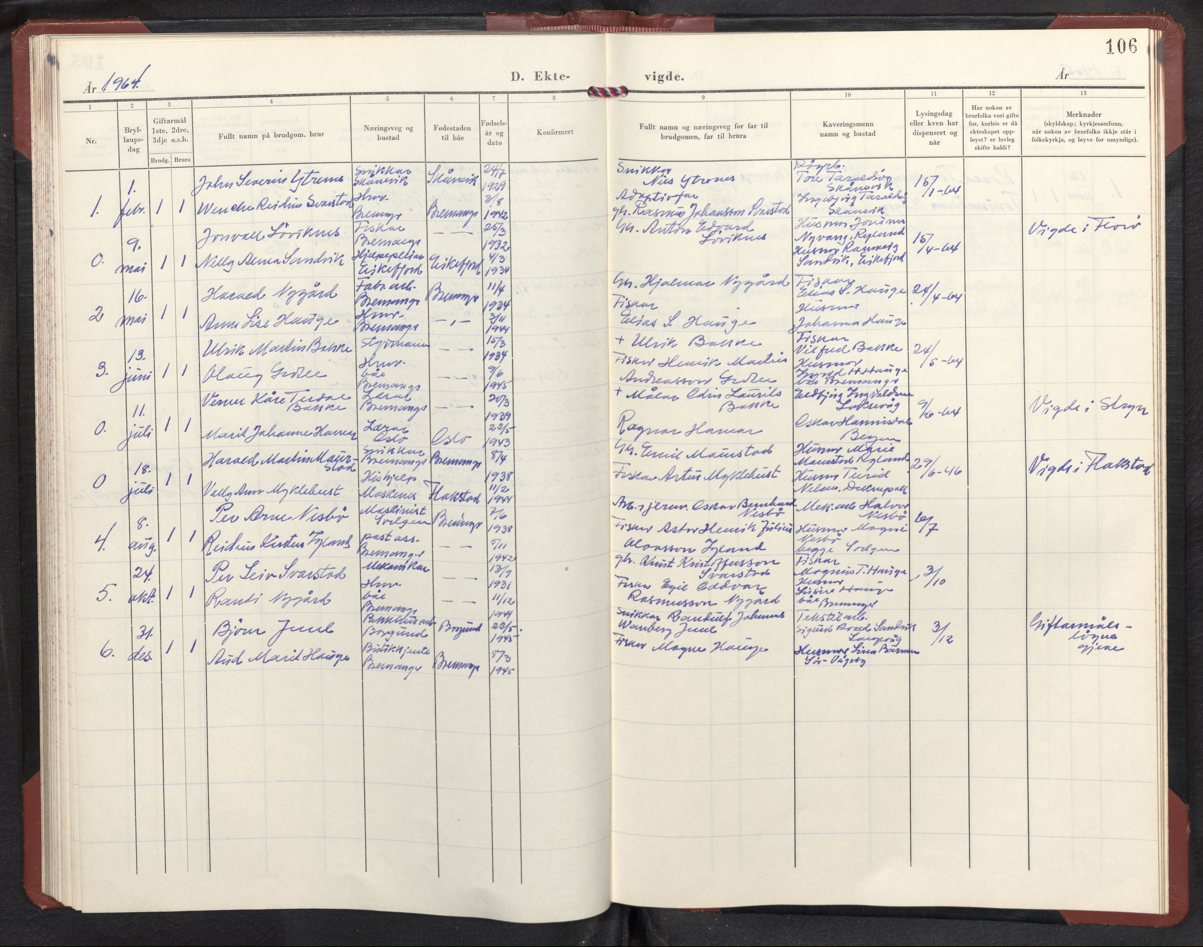 Bremanger sokneprestembete, SAB/A-82201/H/Hab/Habc/L0004: Parish register (copy) no. C 4, 1953-1970, p. 105b-106a