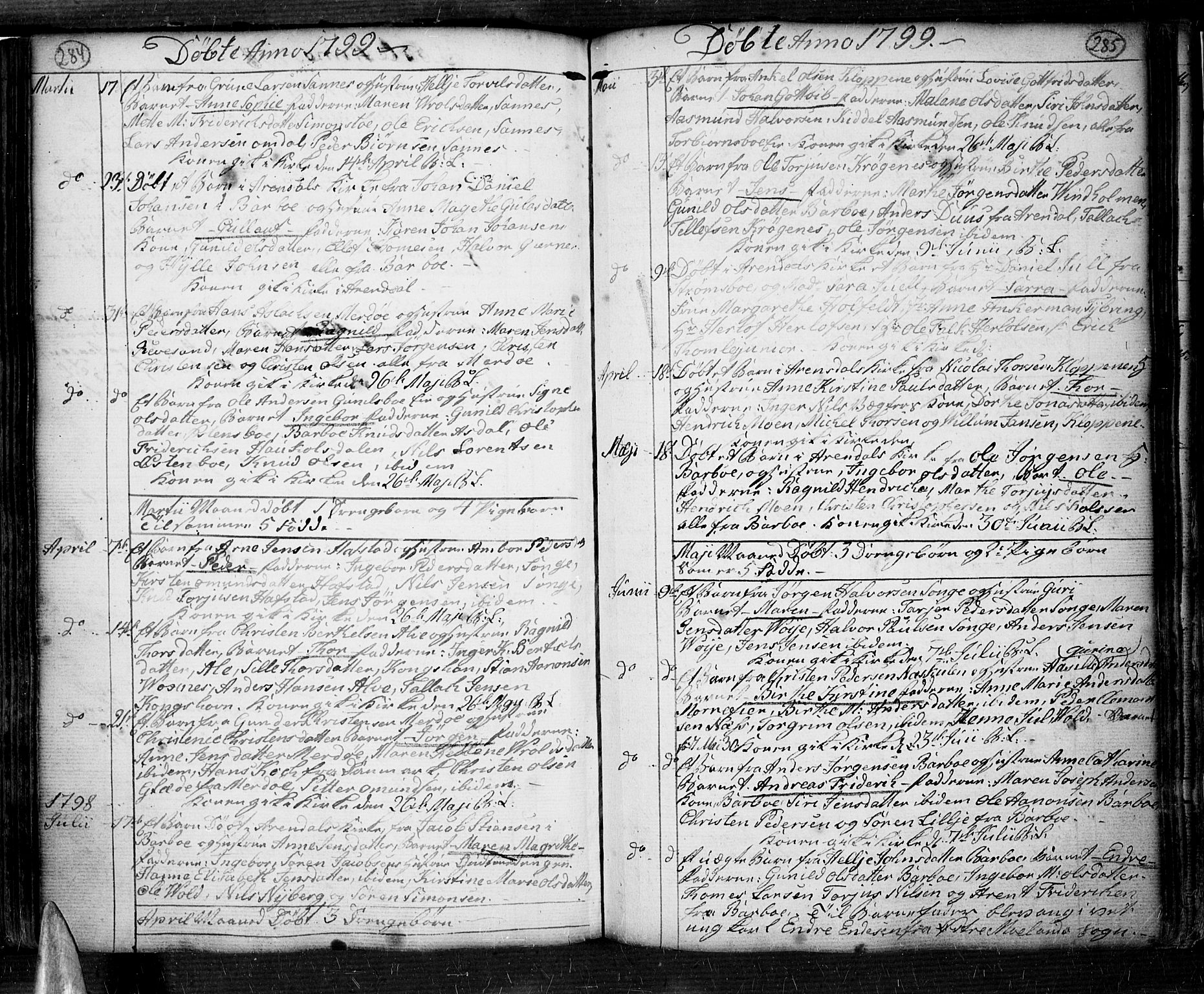 Tromøy sokneprestkontor, AV/SAK-1111-0041/F/Fa/L0002: Parish register (official) no. A 2, 1773-1808, p. 284-285