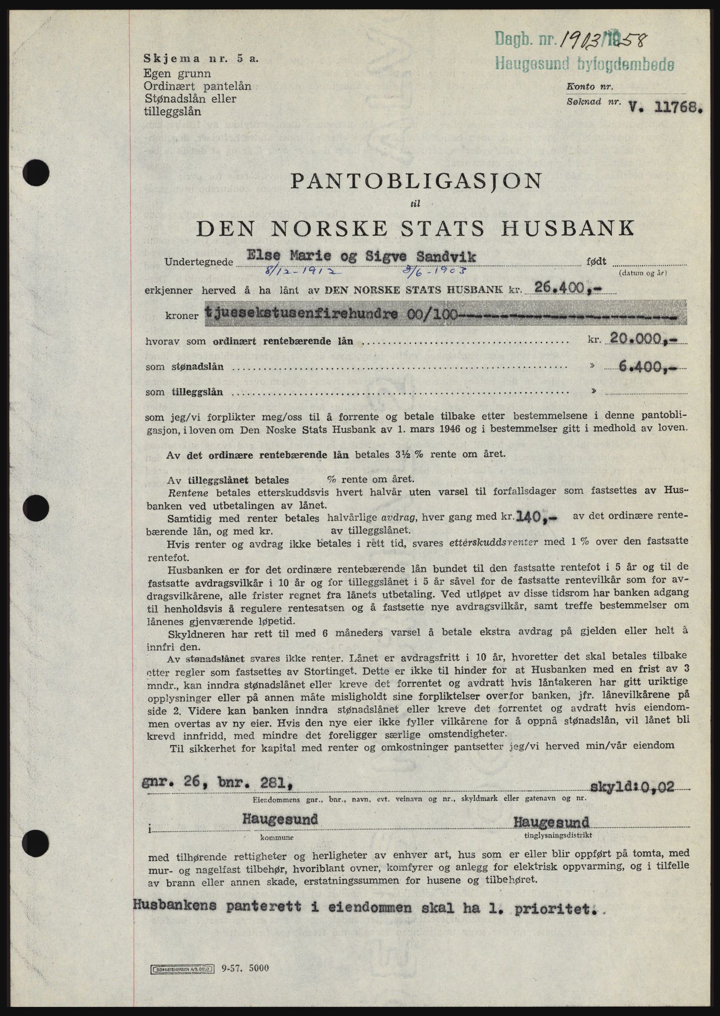 Haugesund tingrett, SAST/A-101415/01/II/IIC/L0044: Mortgage book no. B 44, 1958-1959, Diary no: : 1903/1958