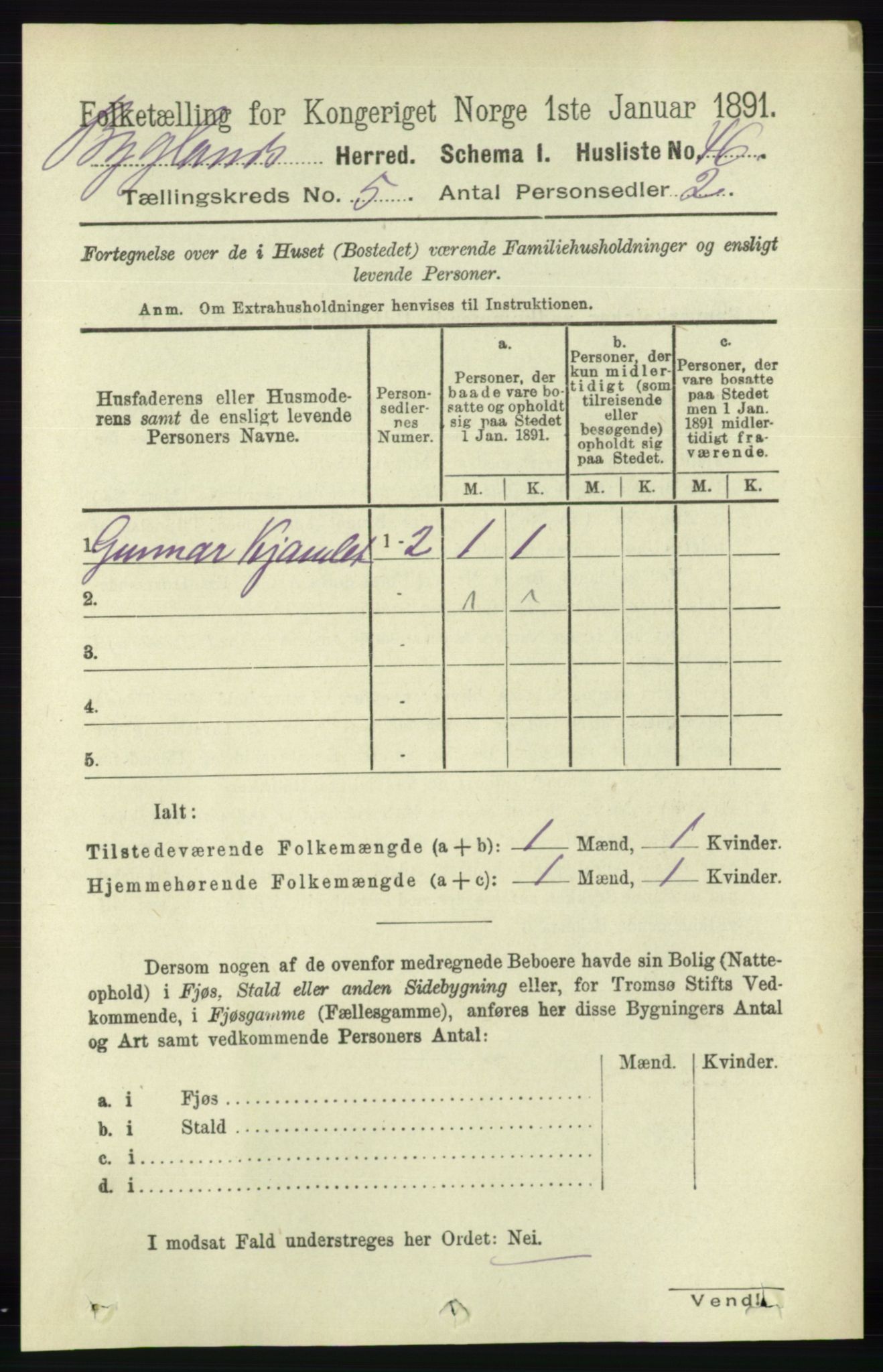 RA, 1891 census for 0938 Bygland, 1891, p. 1043