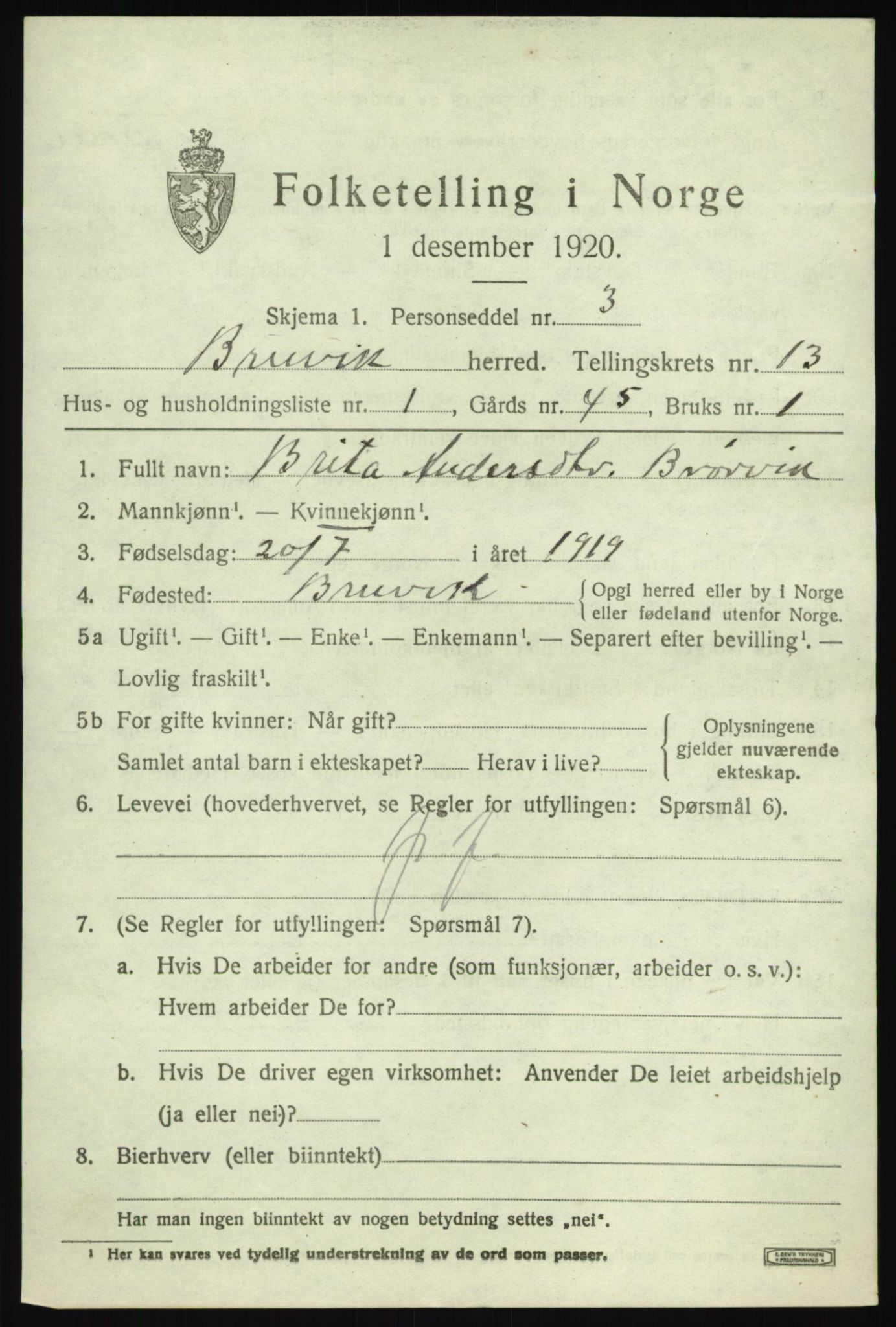 SAB, 1920 census for Bruvik, 1920, p. 8124