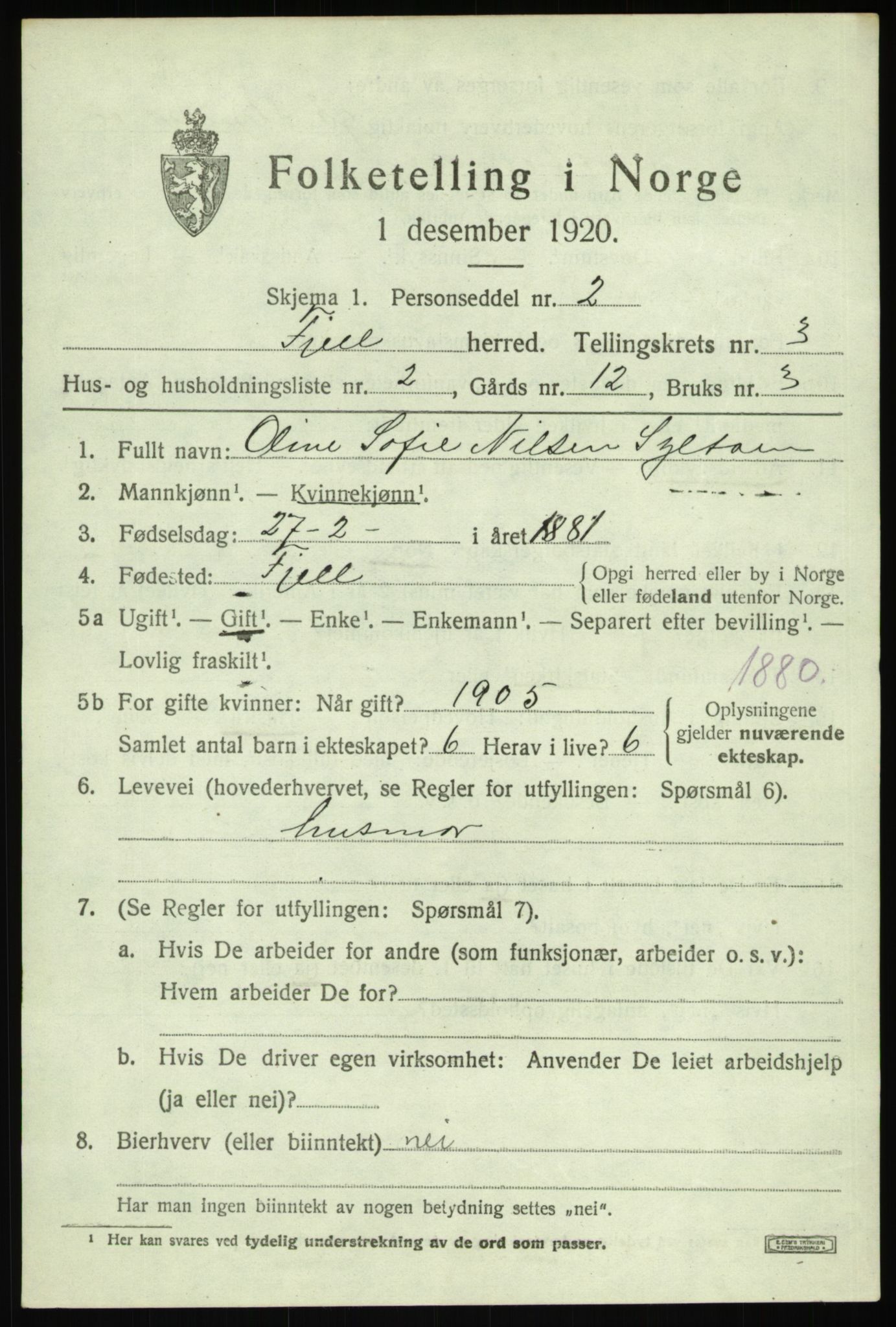 SAB, 1920 census for Fjell, 1920, p. 2972