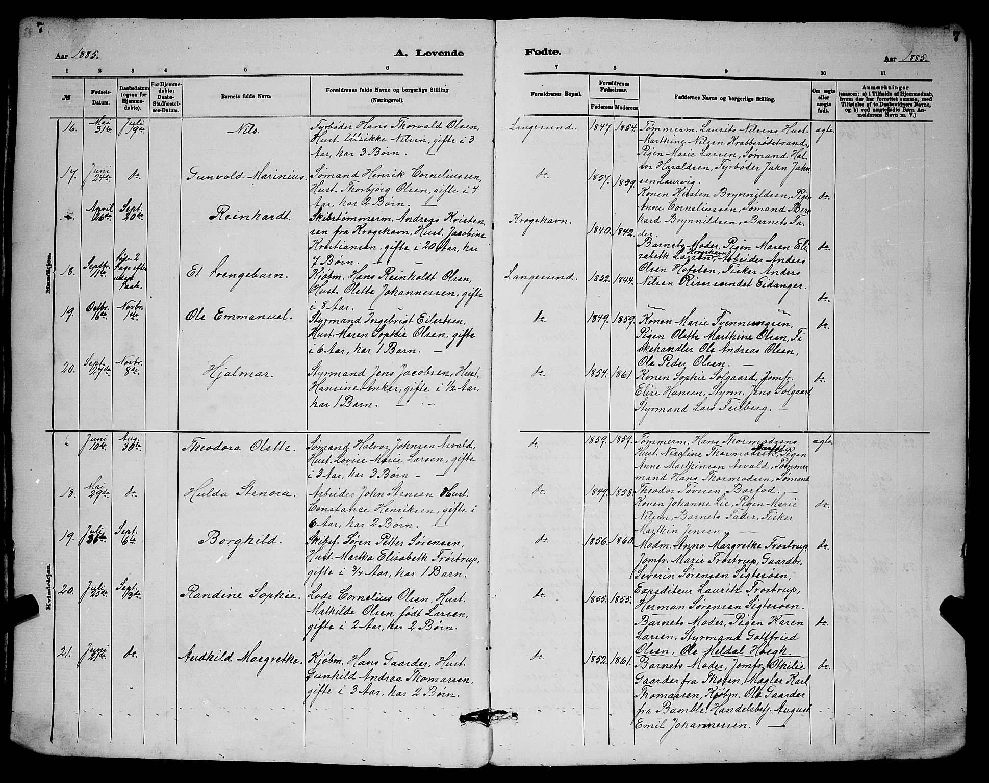 Langesund kirkebøker, AV/SAKO-A-280/G/Ga/L0005: Parish register (copy) no. 5, 1884-1898, p. 7