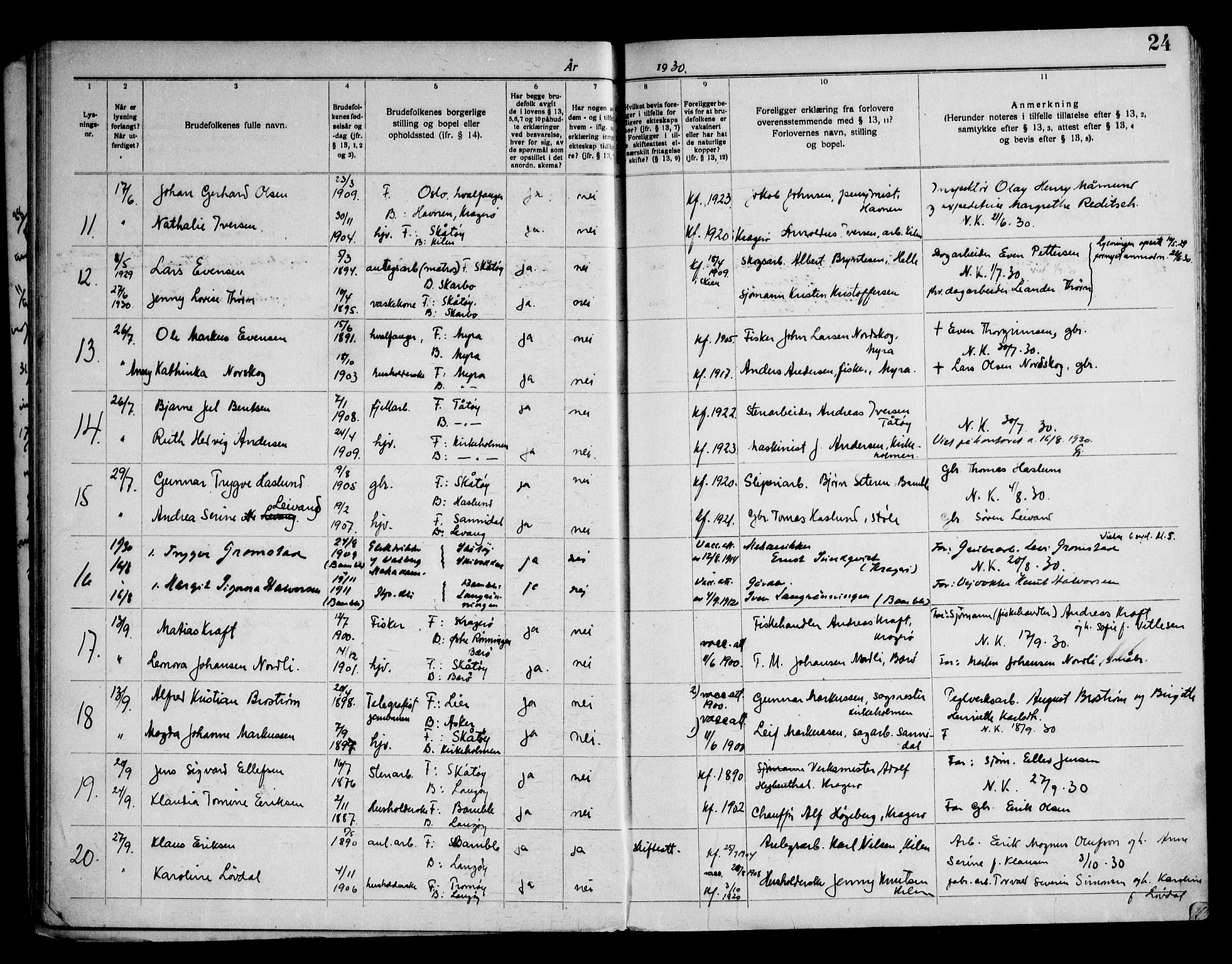 Skåtøy kirkebøker, AV/SAKO-A-304/H/Ha/L0001: Banns register no. 1, 1919-1961, p. 24