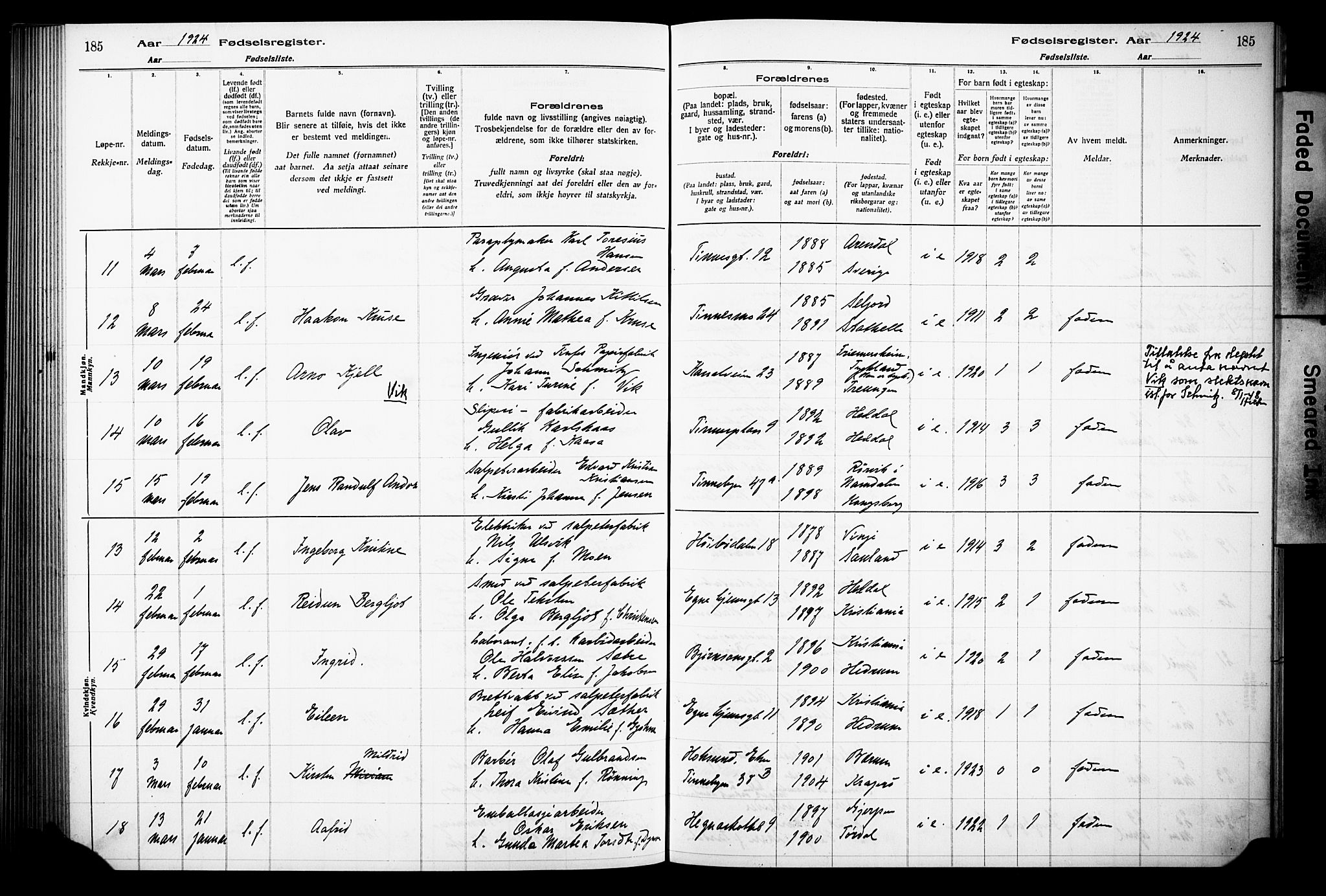 Notodden kirkebøker, AV/SAKO-A-290/J/Ja/L0001: Birth register no. 1, 1916-1924, p. 185