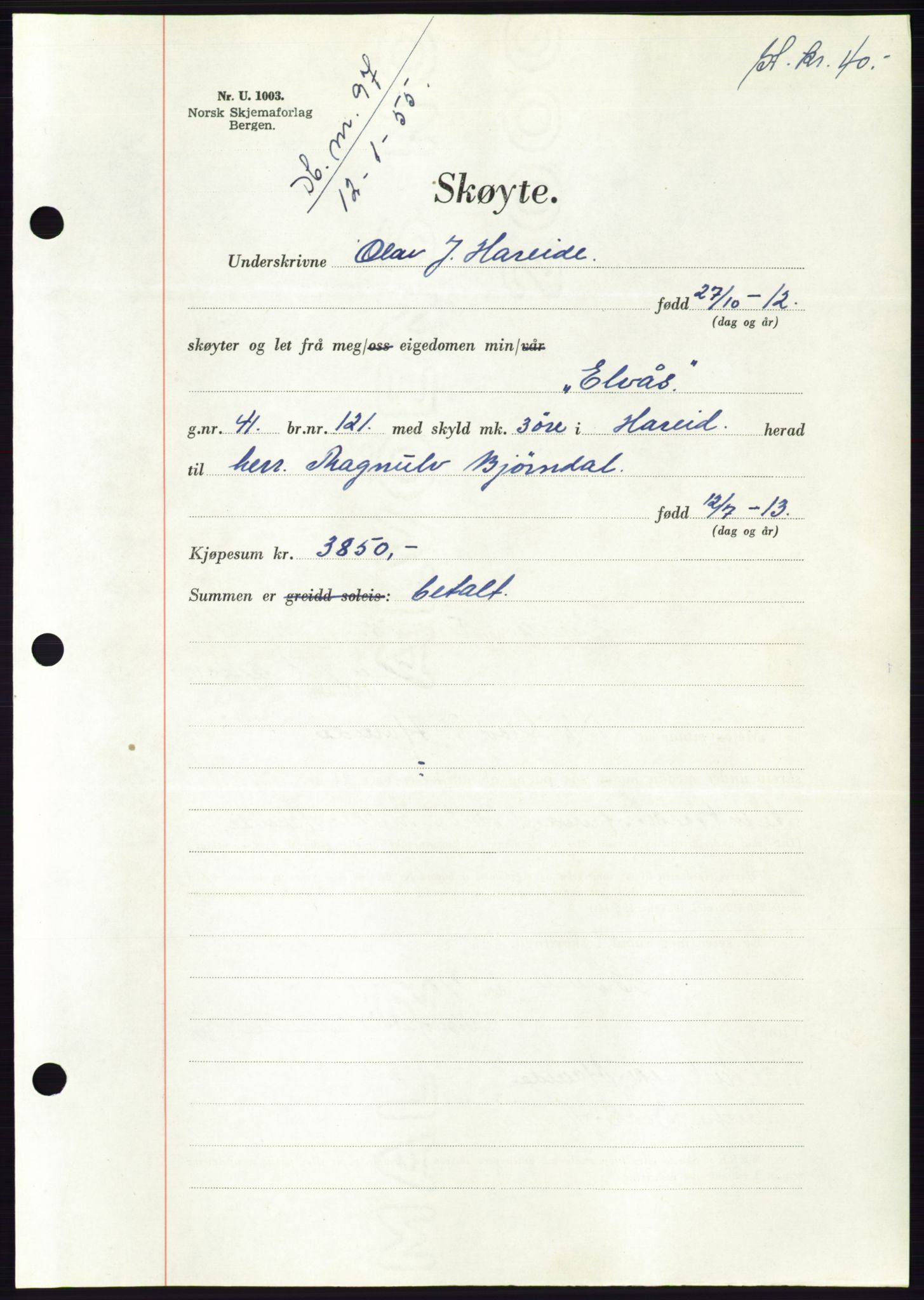 Søre Sunnmøre sorenskriveri, AV/SAT-A-4122/1/2/2C/L0100: Mortgage book no. 26A, 1954-1955, Diary no: : 97/1955