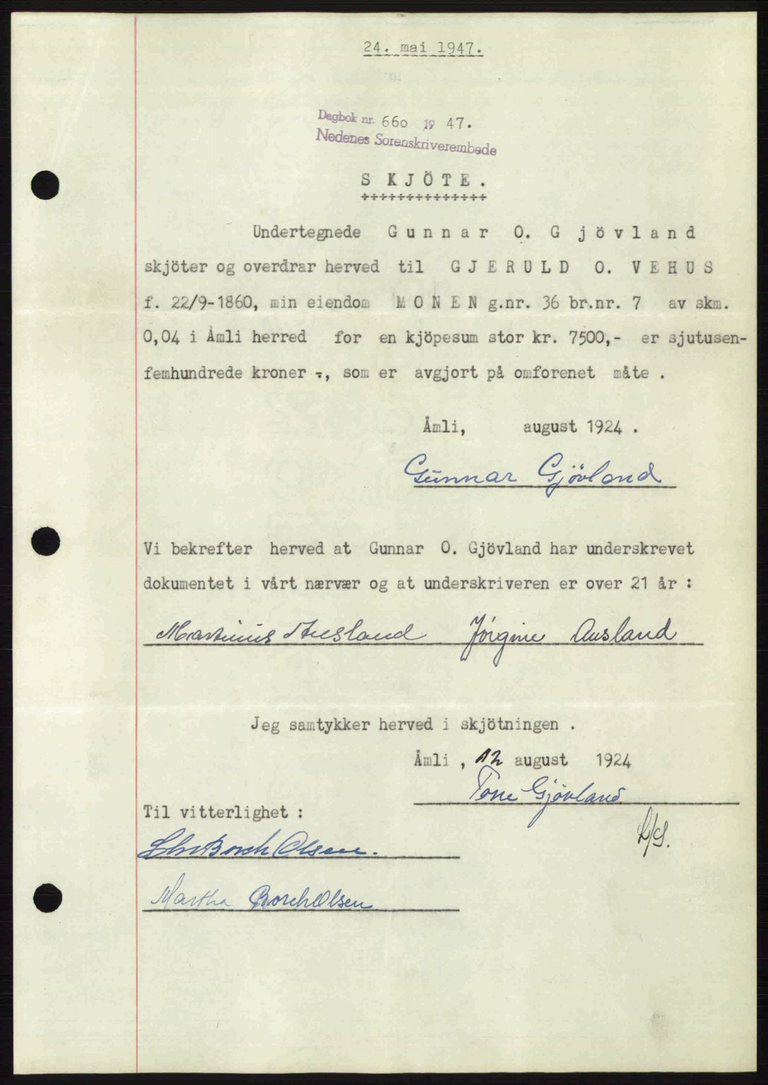 Nedenes sorenskriveri, AV/SAK-1221-0006/G/Gb/Gba/L0057: Mortgage book no. A9, 1947-1947, Diary no: : 660/1947