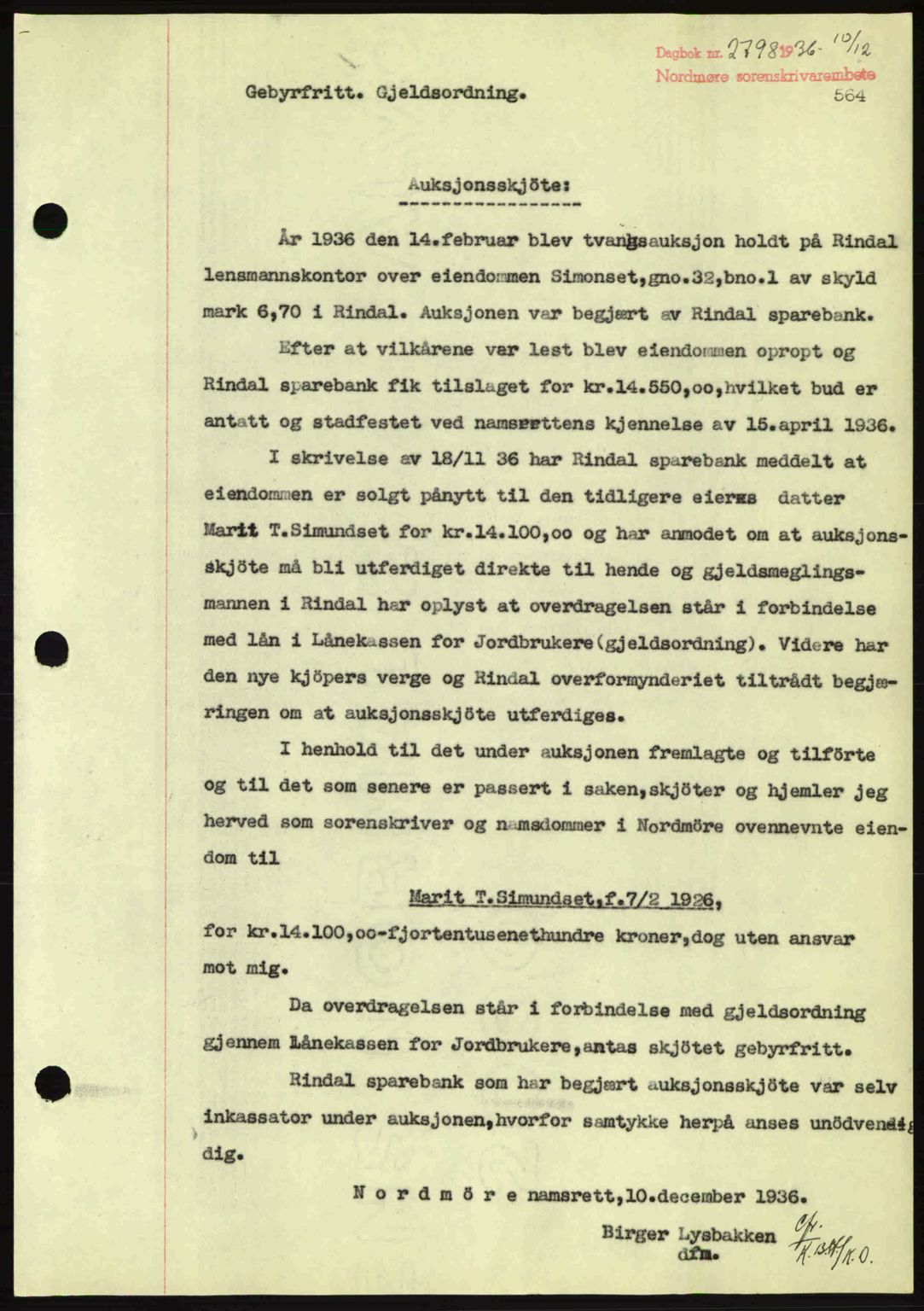 Nordmøre sorenskriveri, AV/SAT-A-4132/1/2/2Ca: Mortgage book no. A80, 1936-1937, Diary no: : 2798/1936