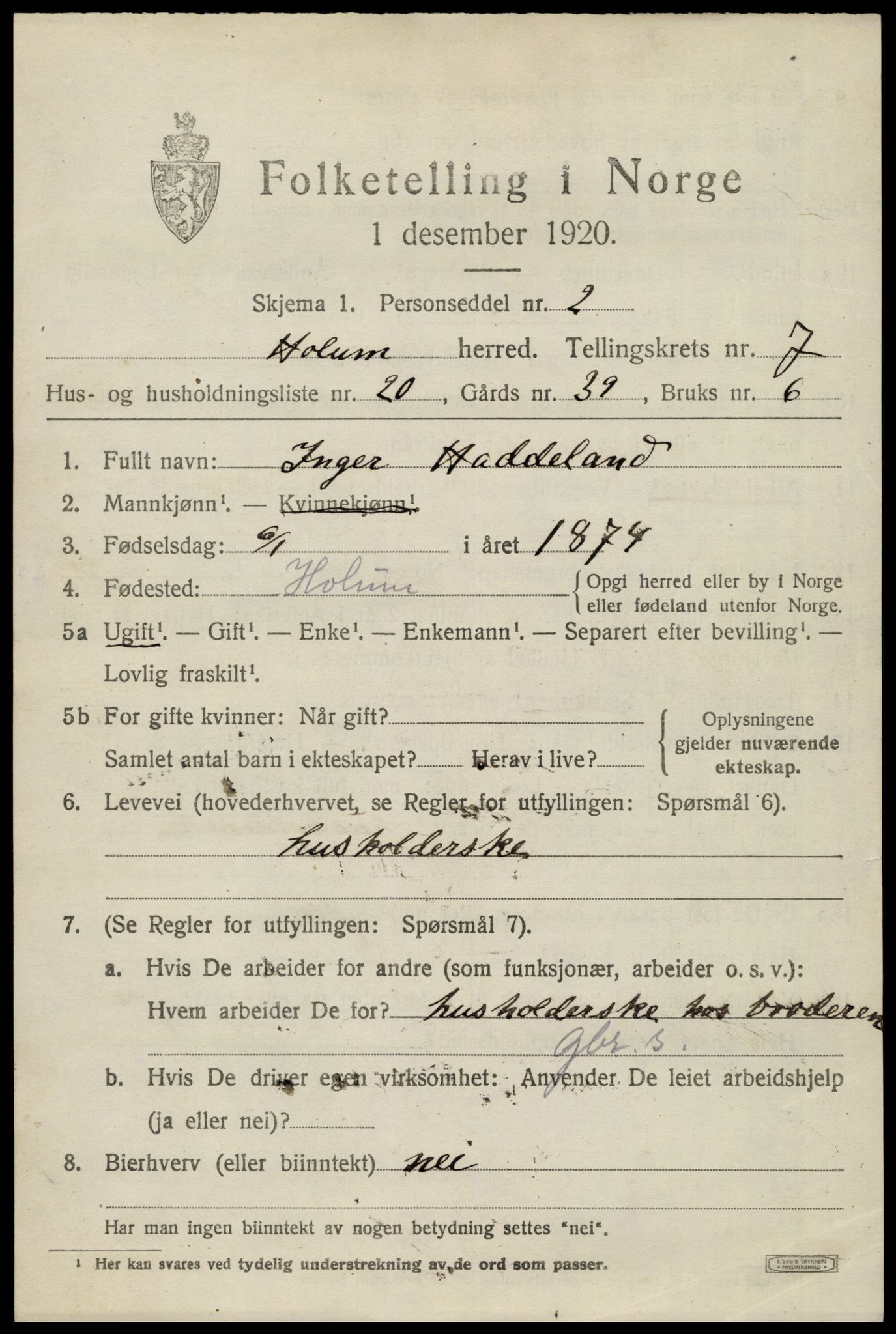 SAK, 1920 census for Holum, 1920, p. 2515