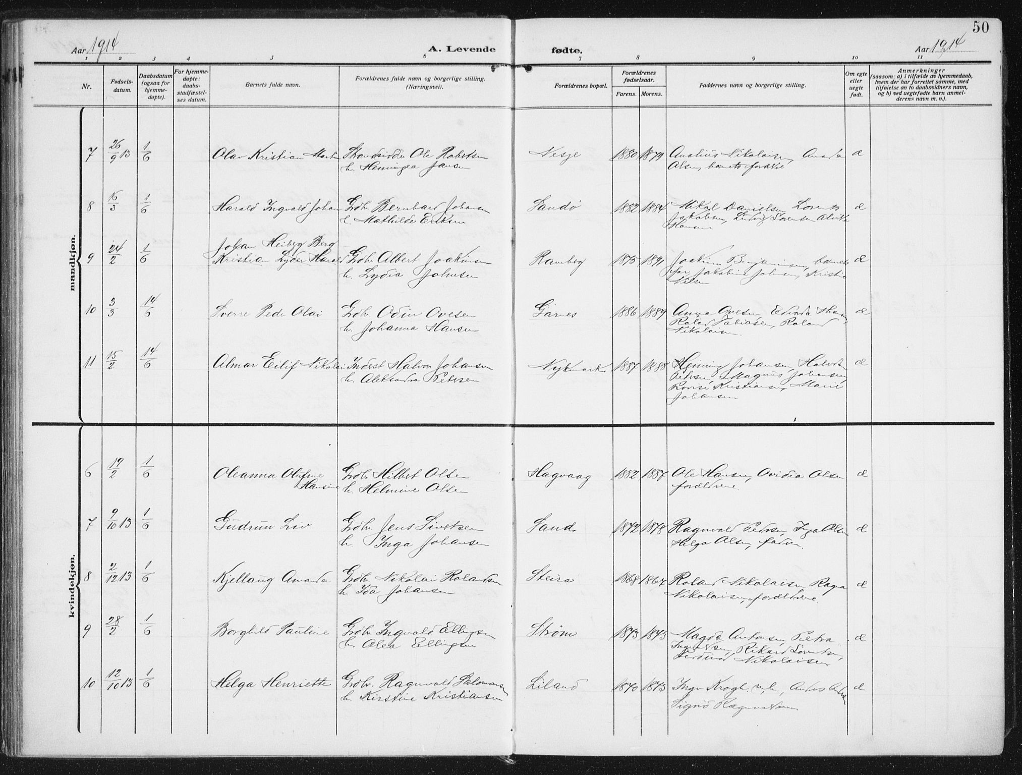 Ministerialprotokoller, klokkerbøker og fødselsregistre - Nordland, SAT/A-1459/880/L1135: Parish register (official) no. 880A09, 1908-1919, p. 50