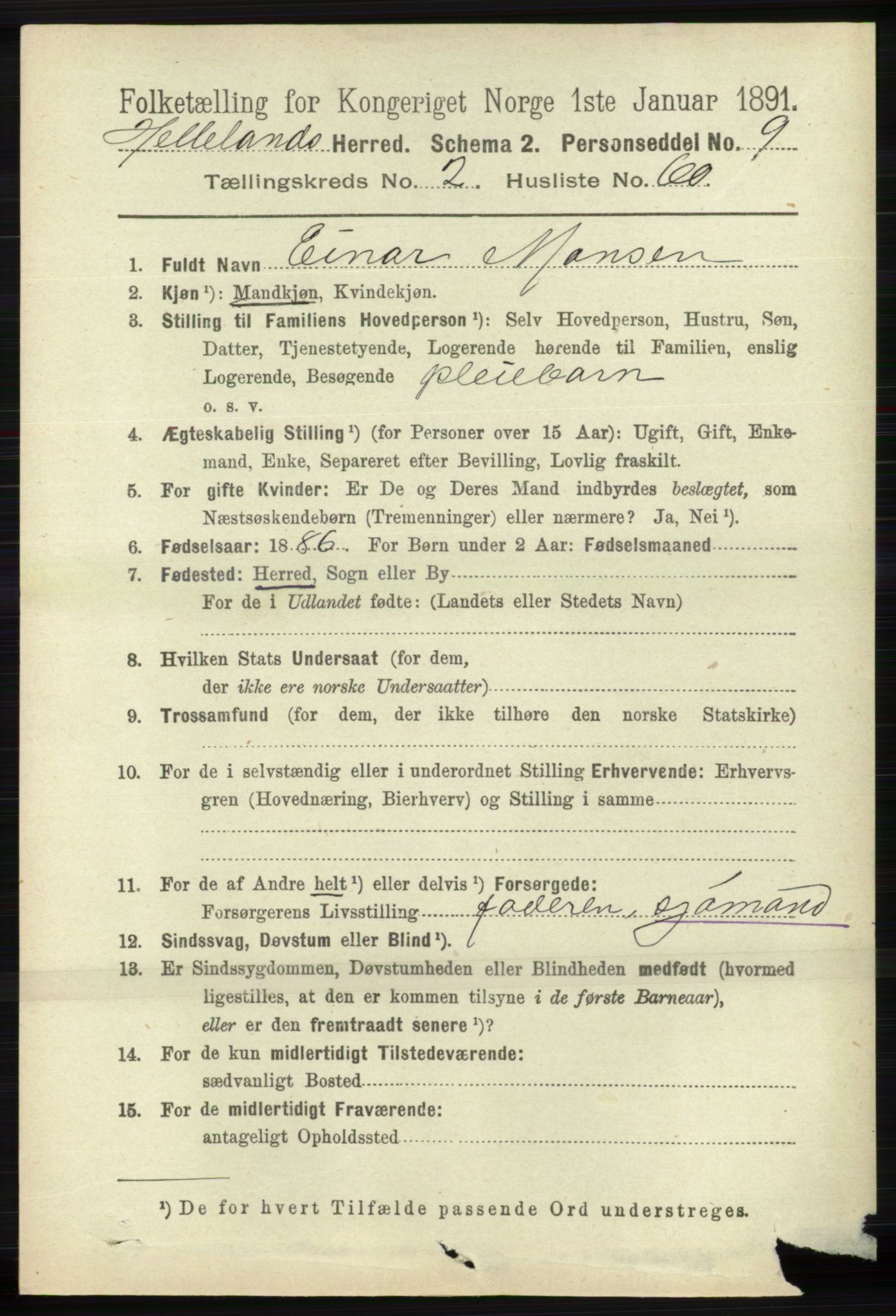 RA, 1891 census for 1115 Helleland, 1891, p. 787