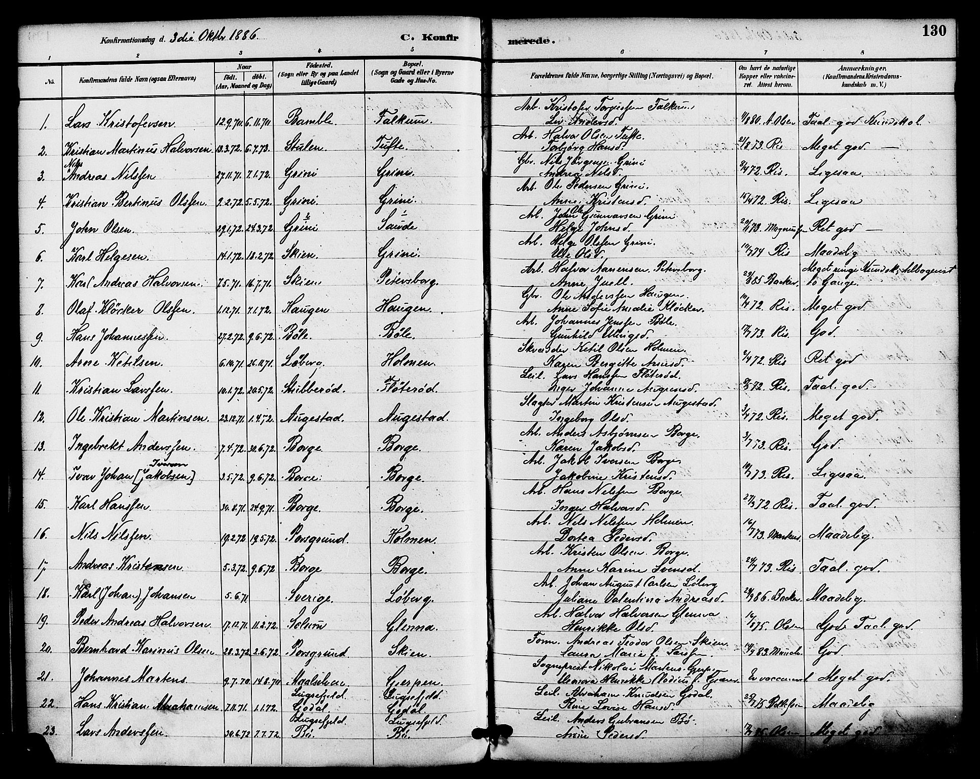 Gjerpen kirkebøker, SAKO/A-265/F/Fa/L0010: Parish register (official) no. I 10, 1886-1895, p. 130