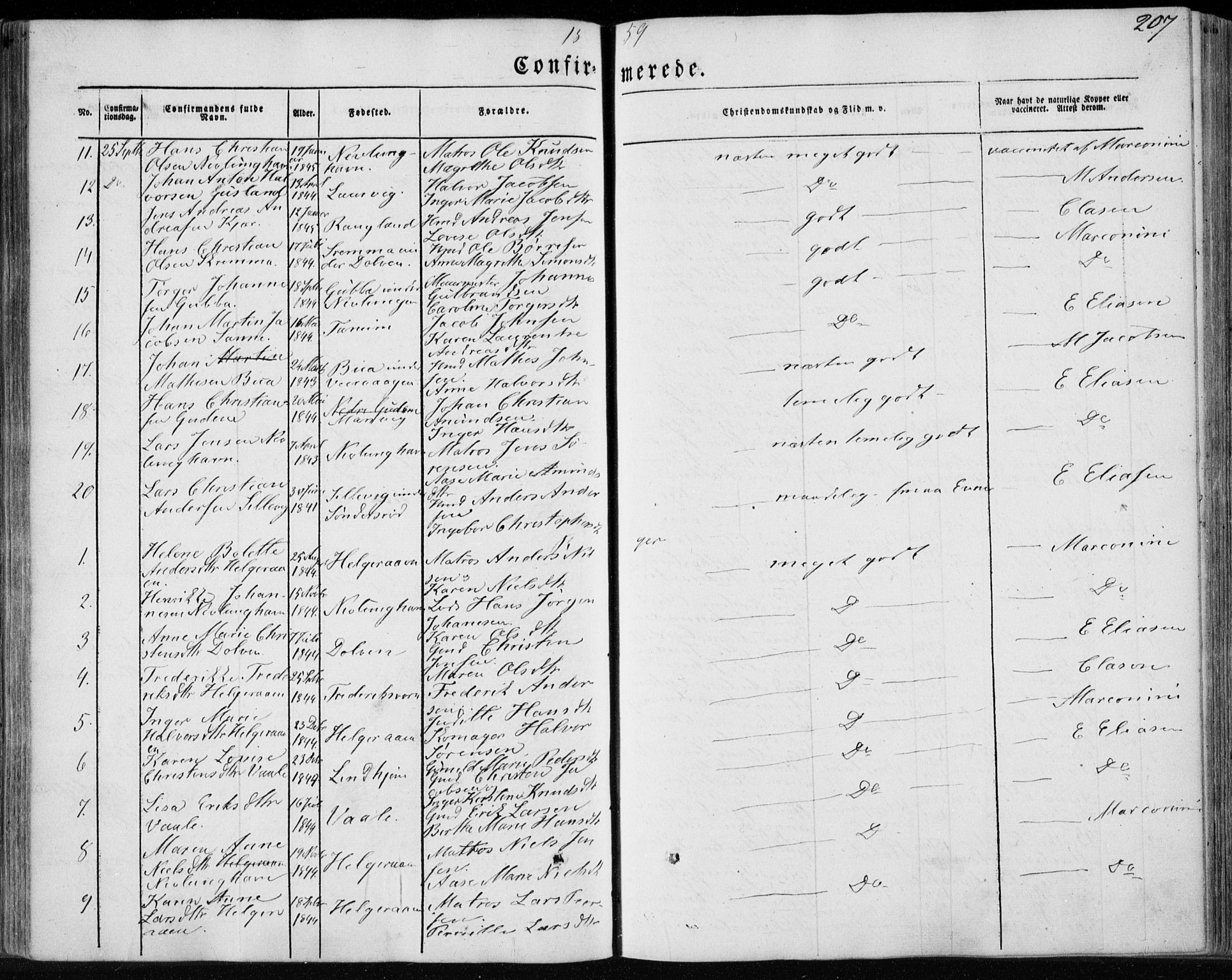 Brunlanes kirkebøker, AV/SAKO-A-342/F/Fa/L0004: Parish register (official) no. I 4, 1846-1862, p. 207