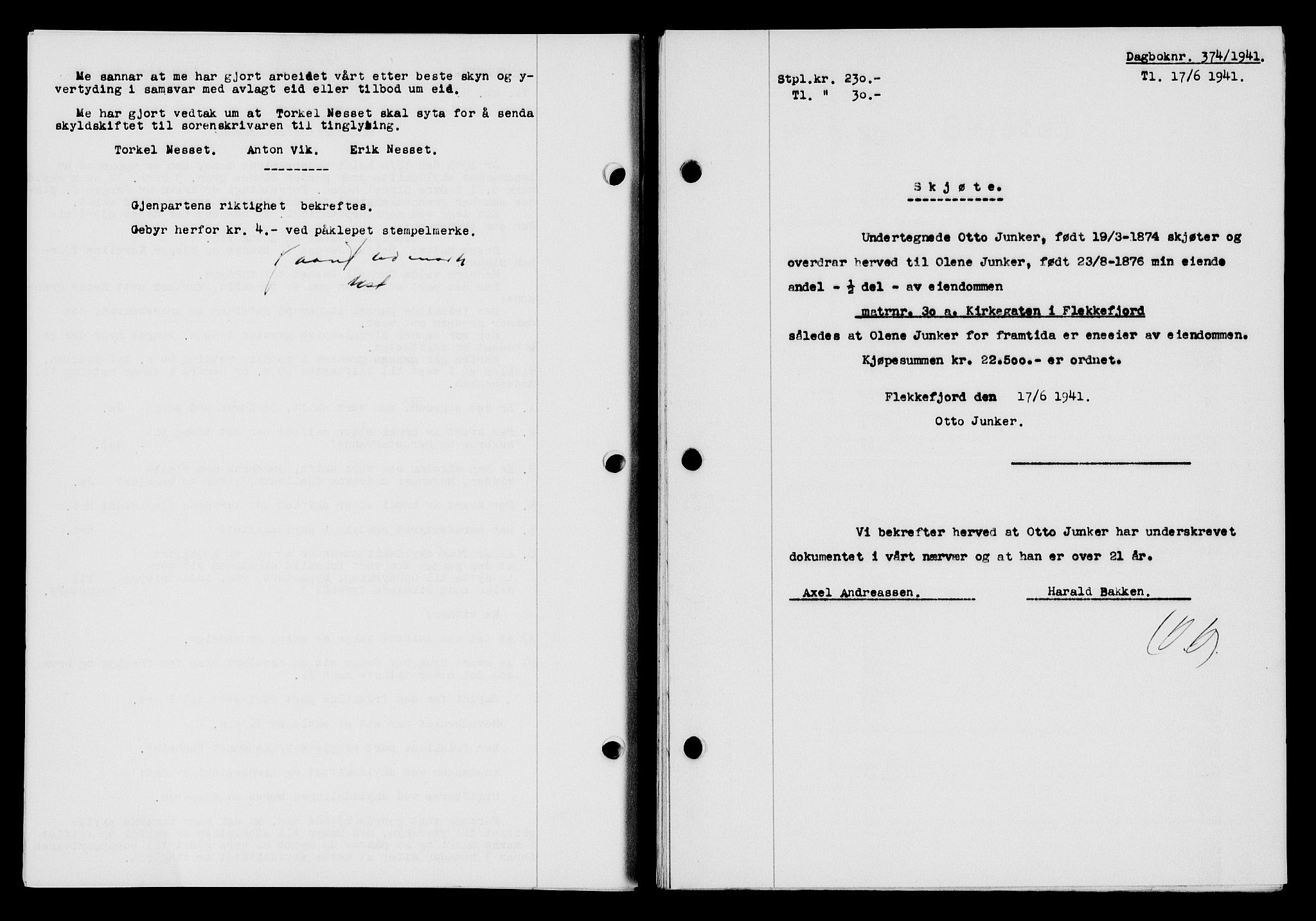 Flekkefjord sorenskriveri, SAK/1221-0001/G/Gb/Gba/L0057: Mortgage book no. A-5, 1941-1942, Diary no: : 374/1941