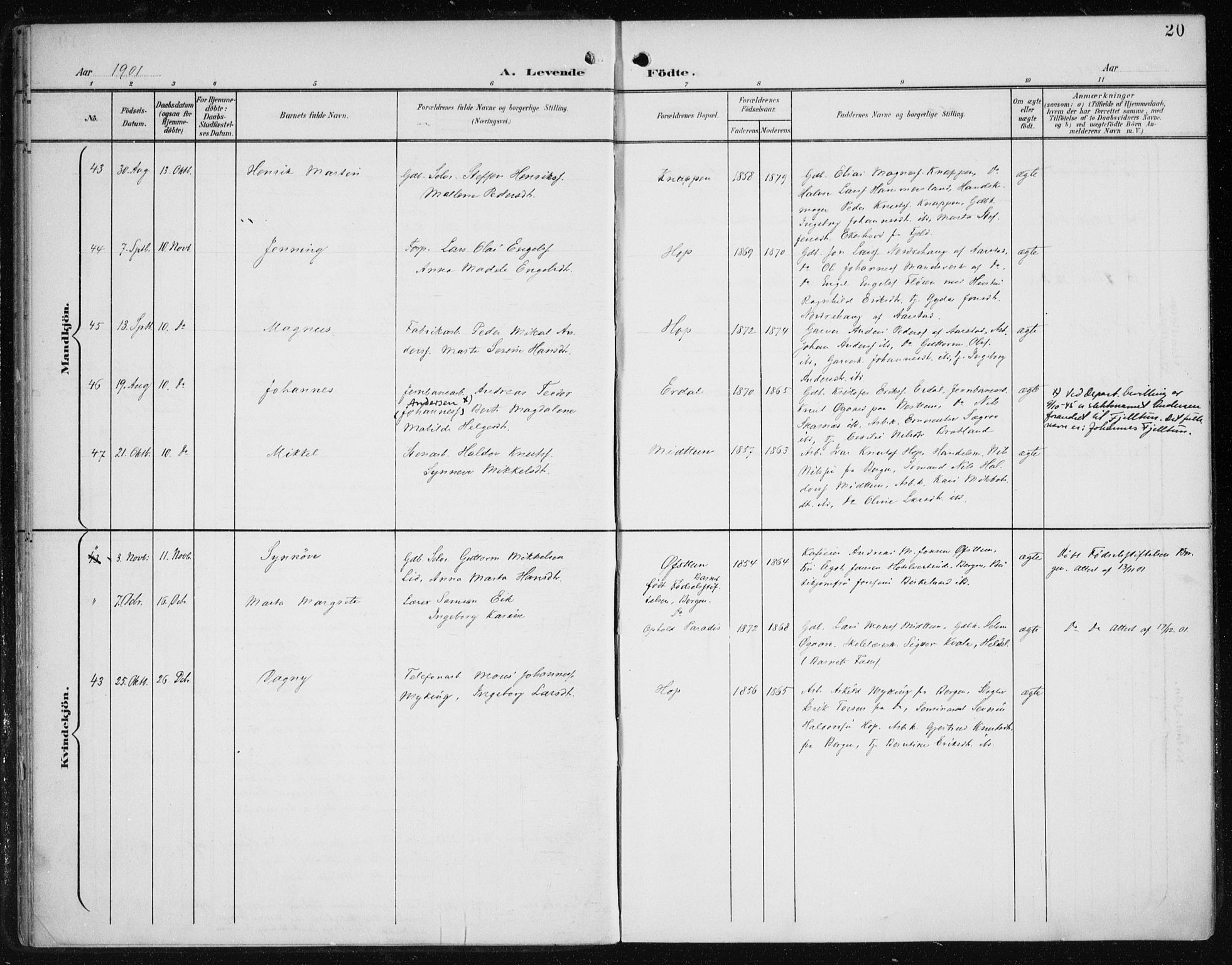Fana Sokneprestembete, SAB/A-75101/H/Haa/Haai/L0003: Parish register (official) no. I 3, 1900-1912, p. 20