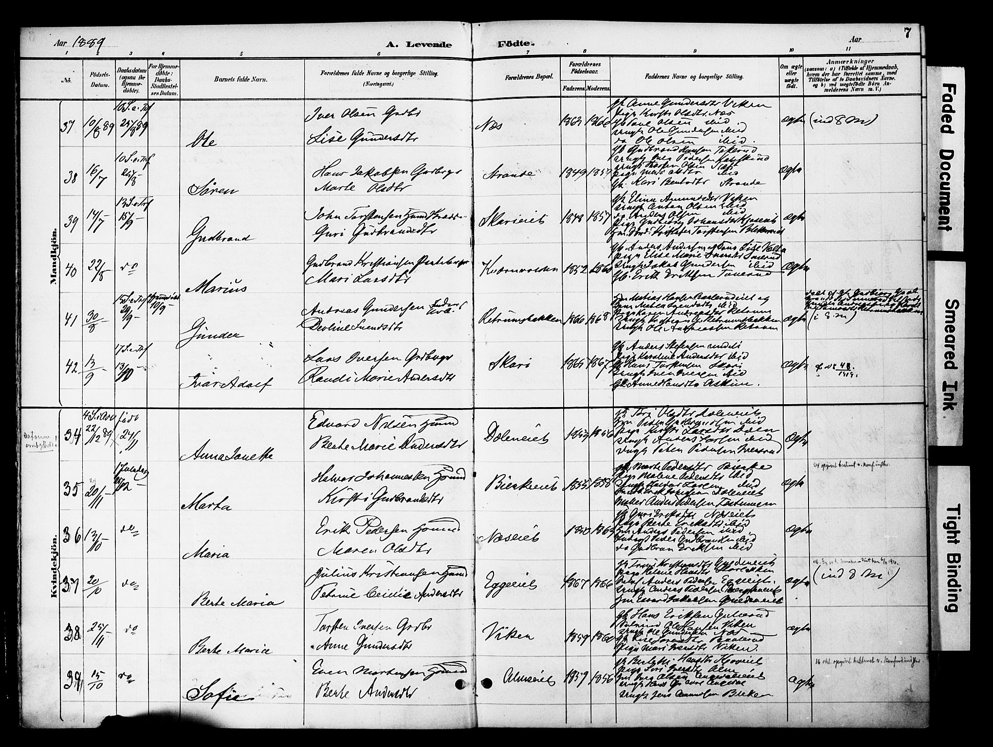 Gran prestekontor, SAH/PREST-112/H/Ha/Haa/L0020: Parish register (official) no. 20, 1889-1899, p. 7