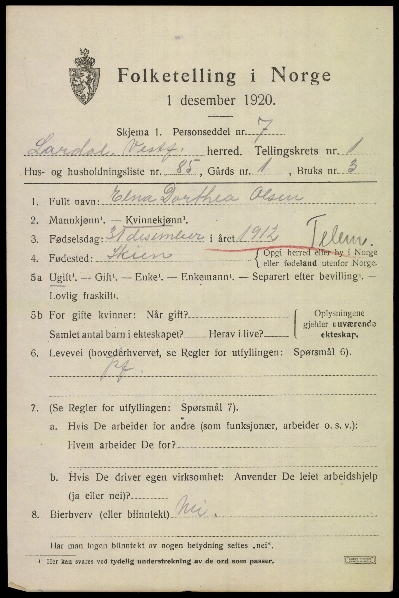 SAKO, 1920 census for Lardal, 1920, p. 1973