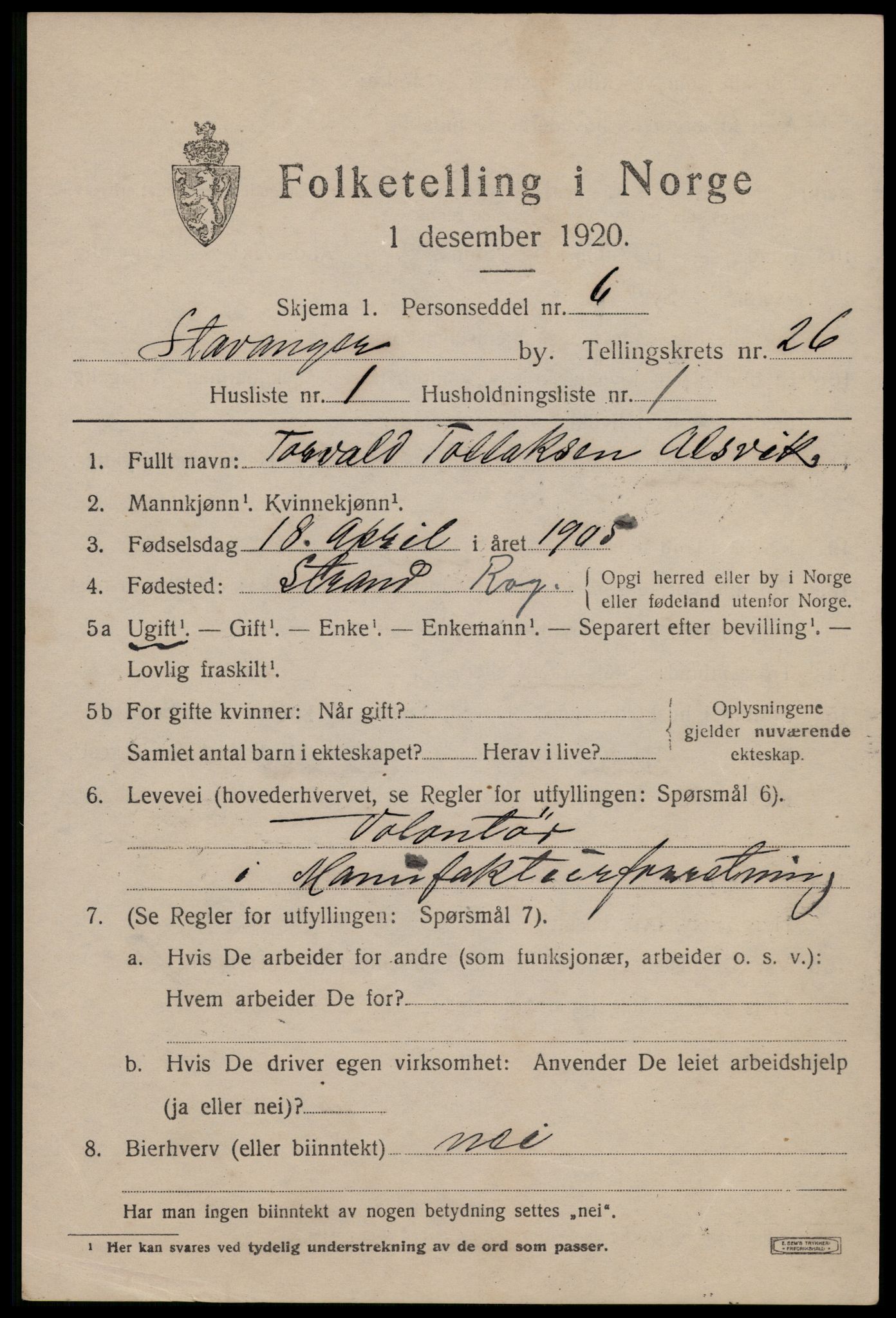 SAST, 1920 census for Stavanger, 1920, p. 77790