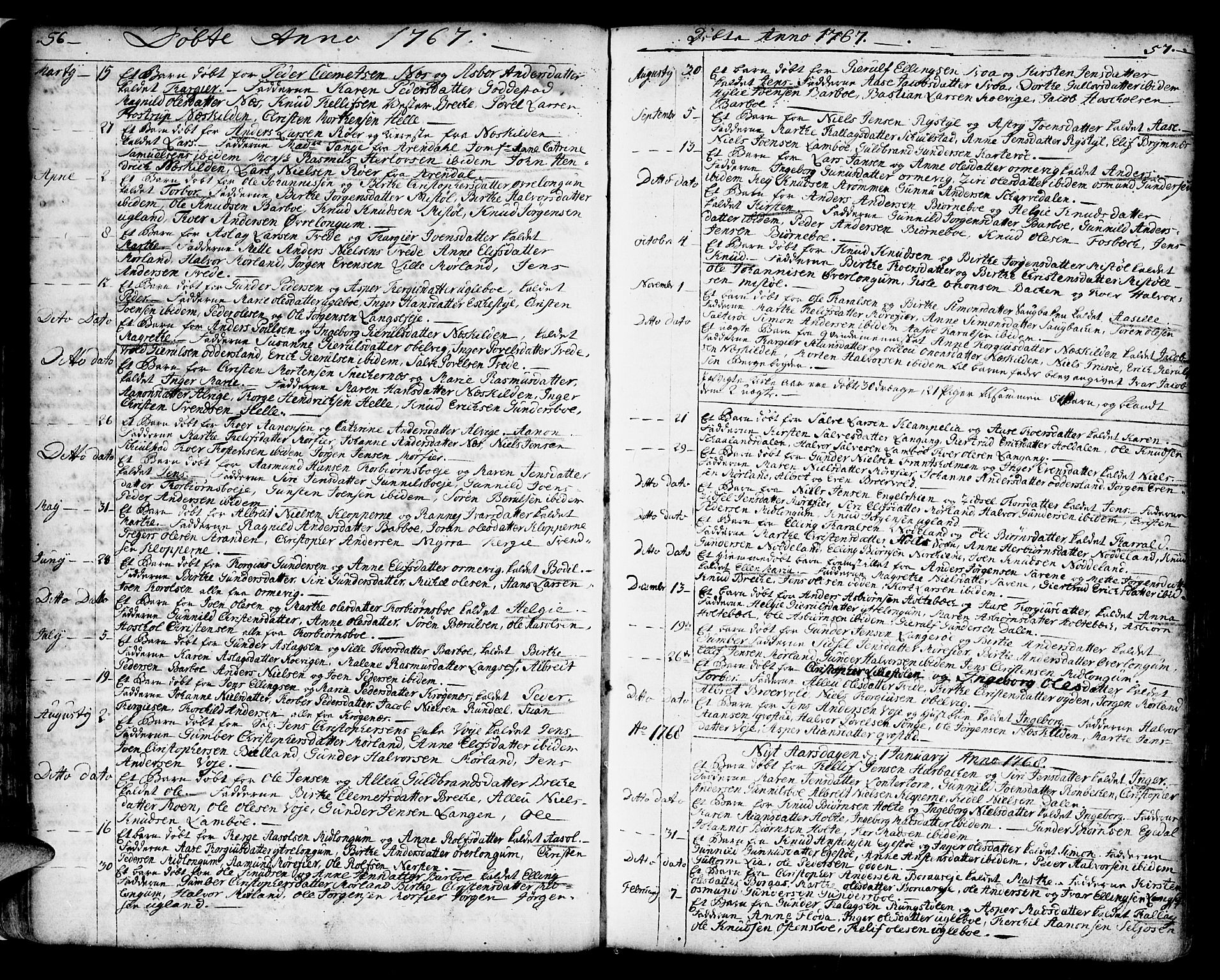Austre Moland sokneprestkontor, AV/SAK-1111-0001/F/Fa/Faa/L0002: Parish register (official) no. A 2, 1747-1808, p. 56-57