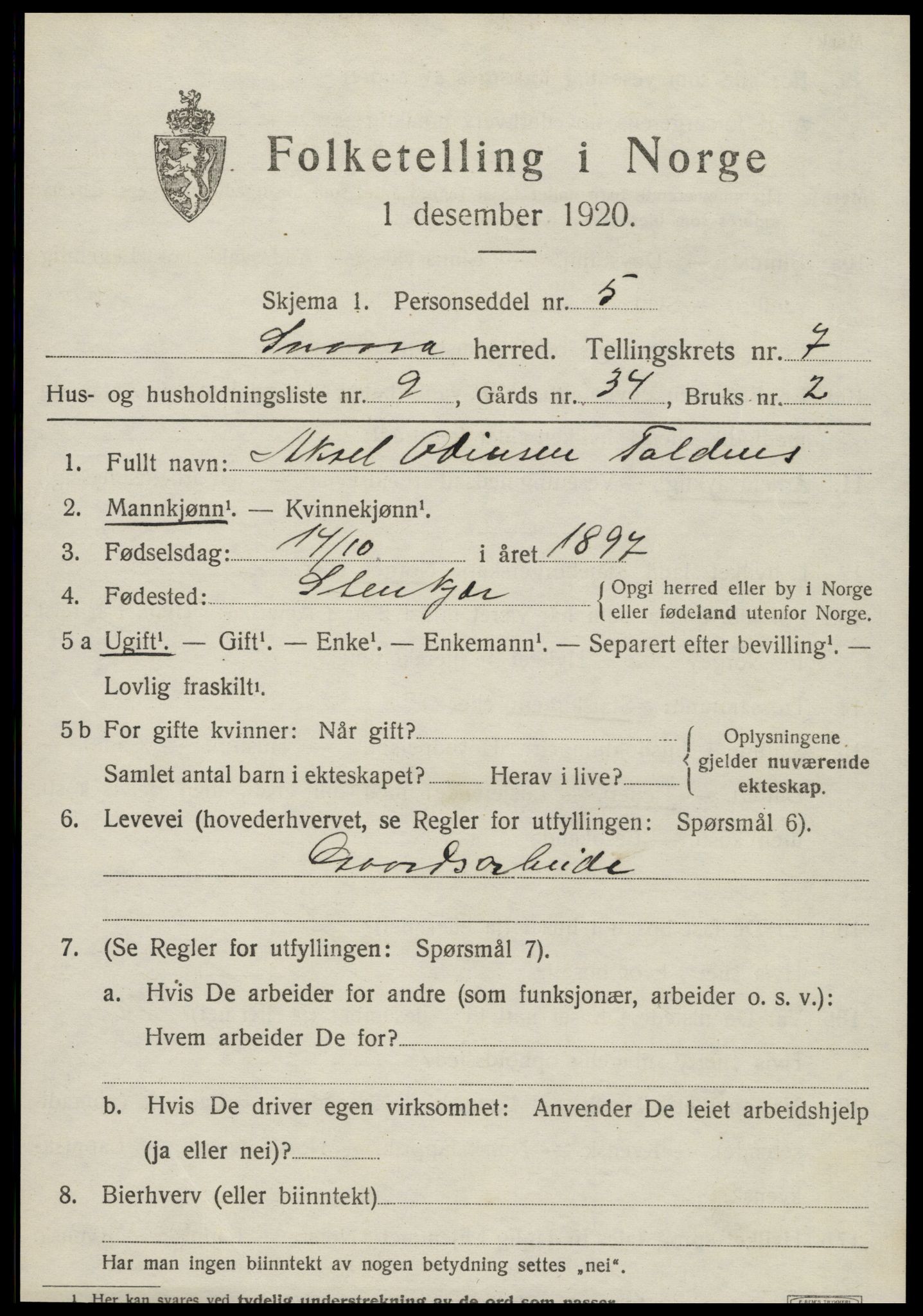 SAT, 1920 census for Snåsa, 1920, p. 3030