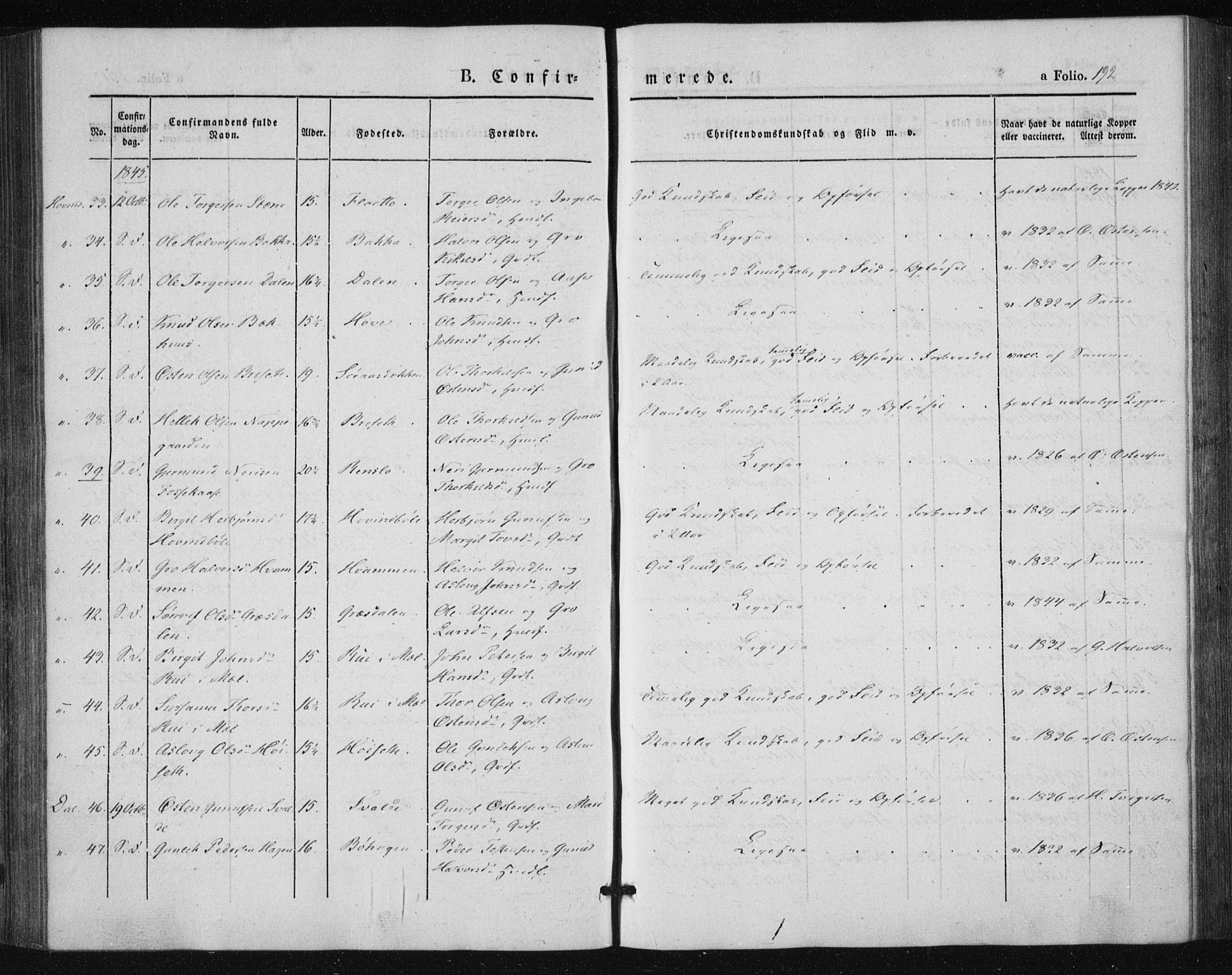 Tinn kirkebøker, AV/SAKO-A-308/F/Fa/L0005: Parish register (official) no. I 5, 1844-1856, p. 192