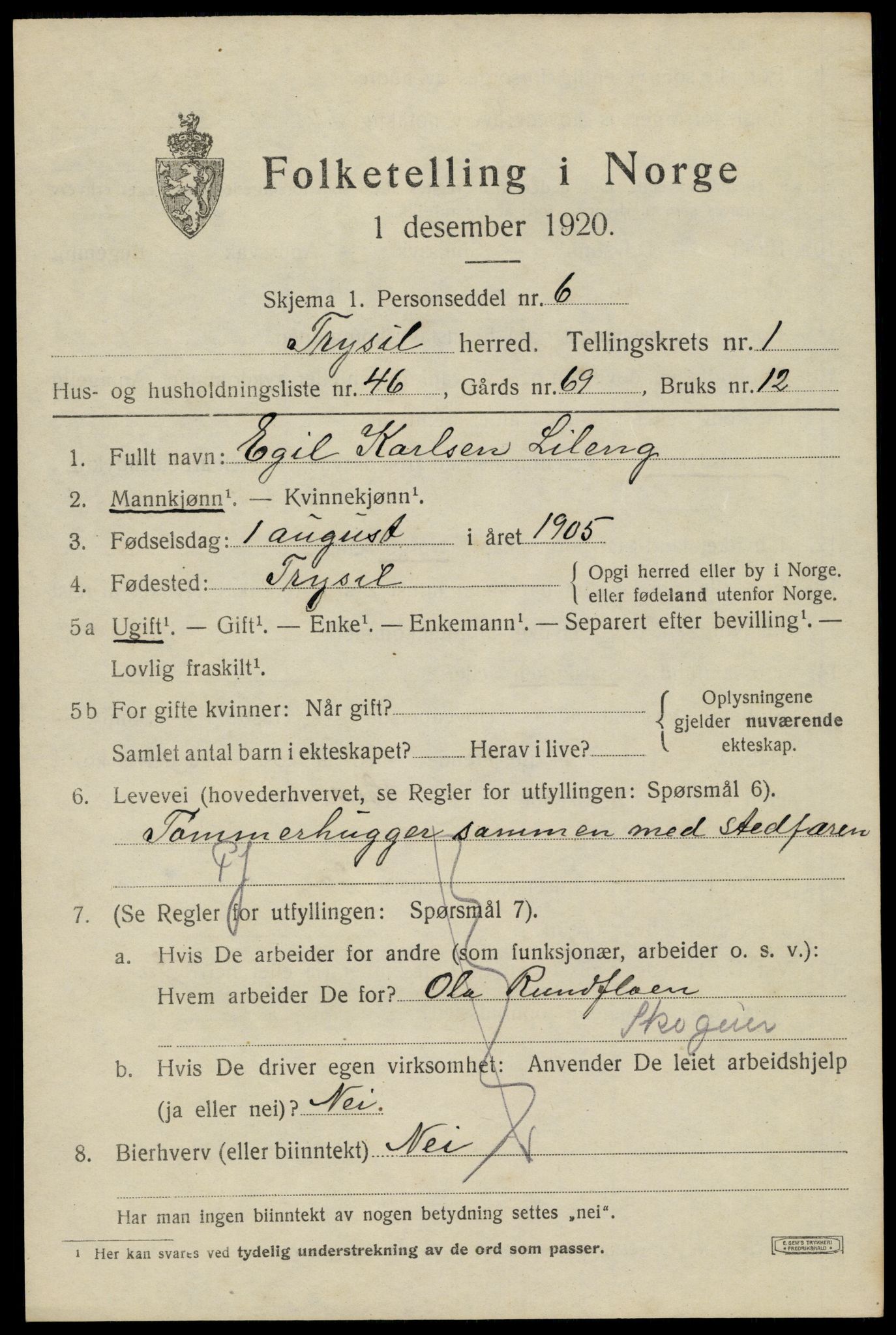 SAH, 1920 census for Trysil, 1920, p. 3085