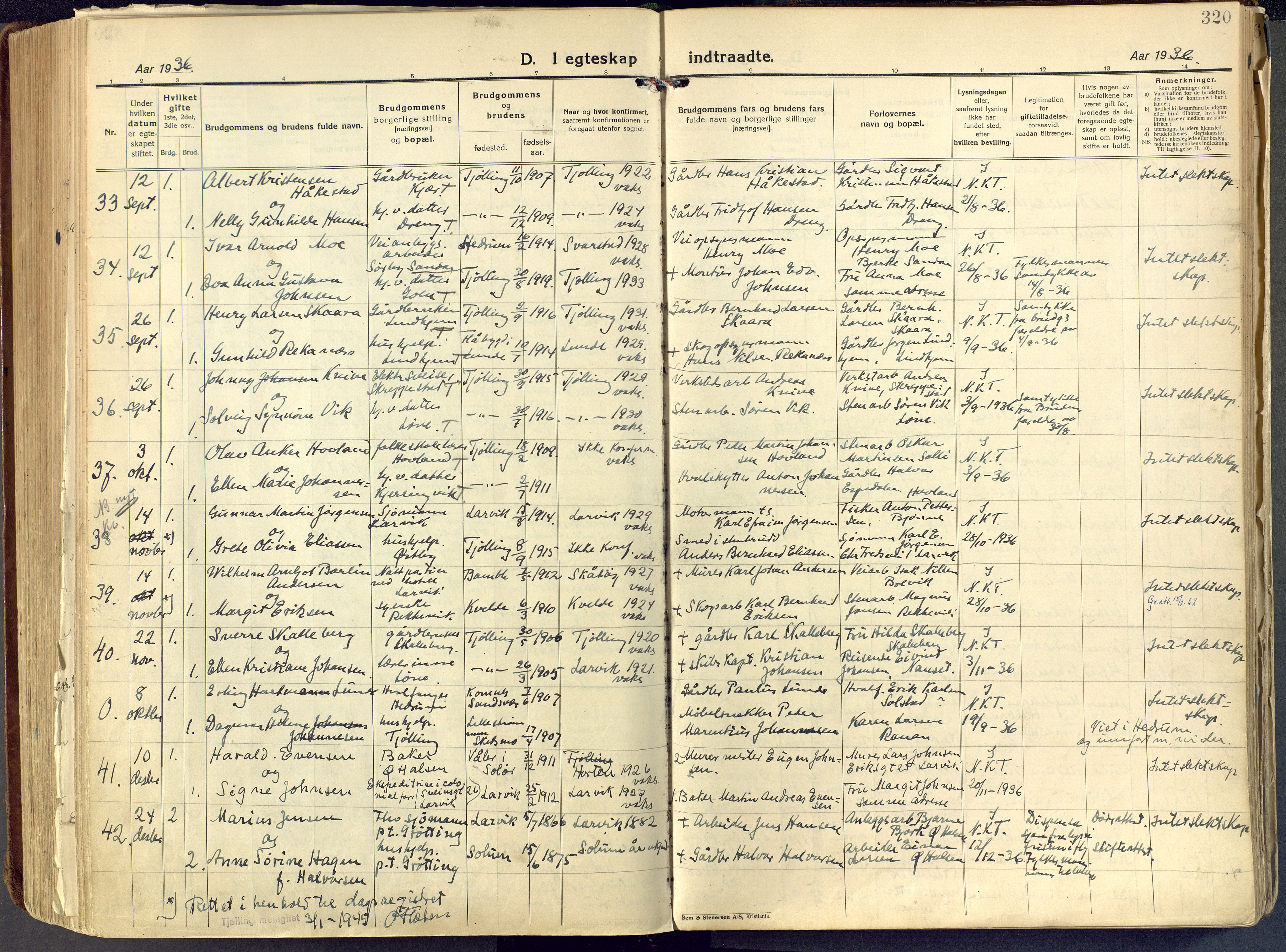 Tjølling kirkebøker, SAKO/A-60/F/Fa/L0011: Parish register (official) no. 11, 1924-1943, p. 320
