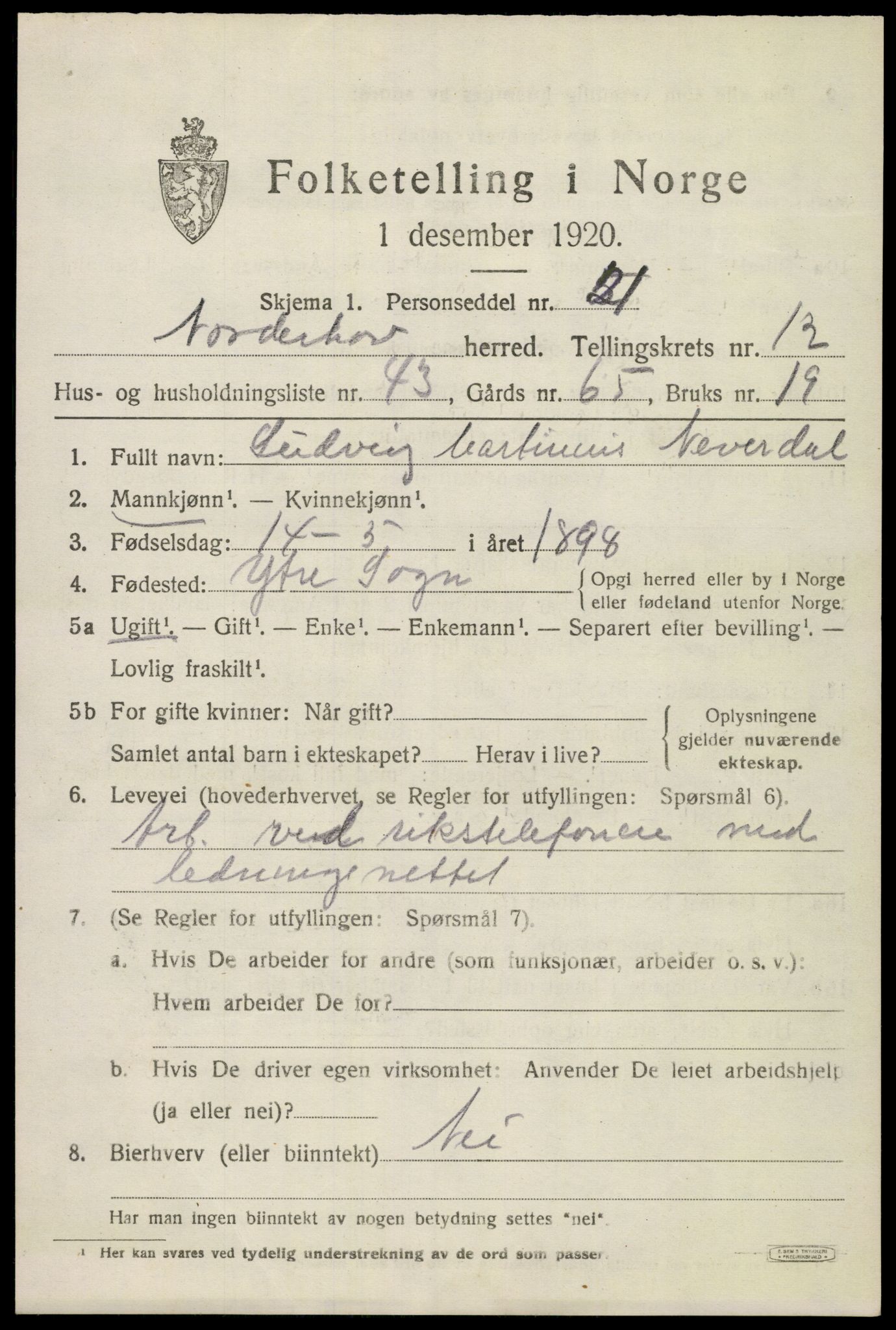 SAKO, 1920 census for Norderhov, 1920, p. 14234