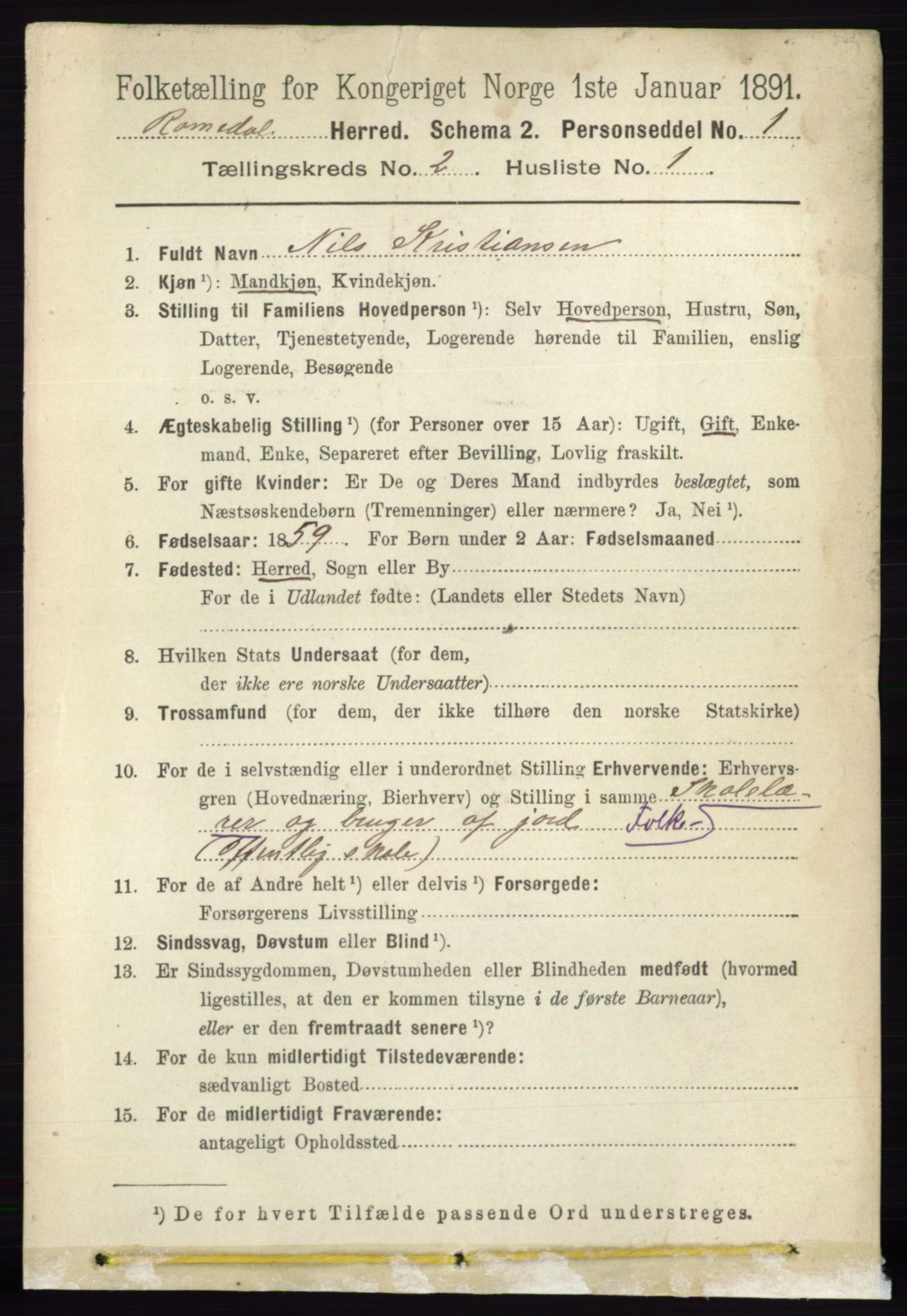 RA, 1891 census for 0416 Romedal, 1891, p. 848