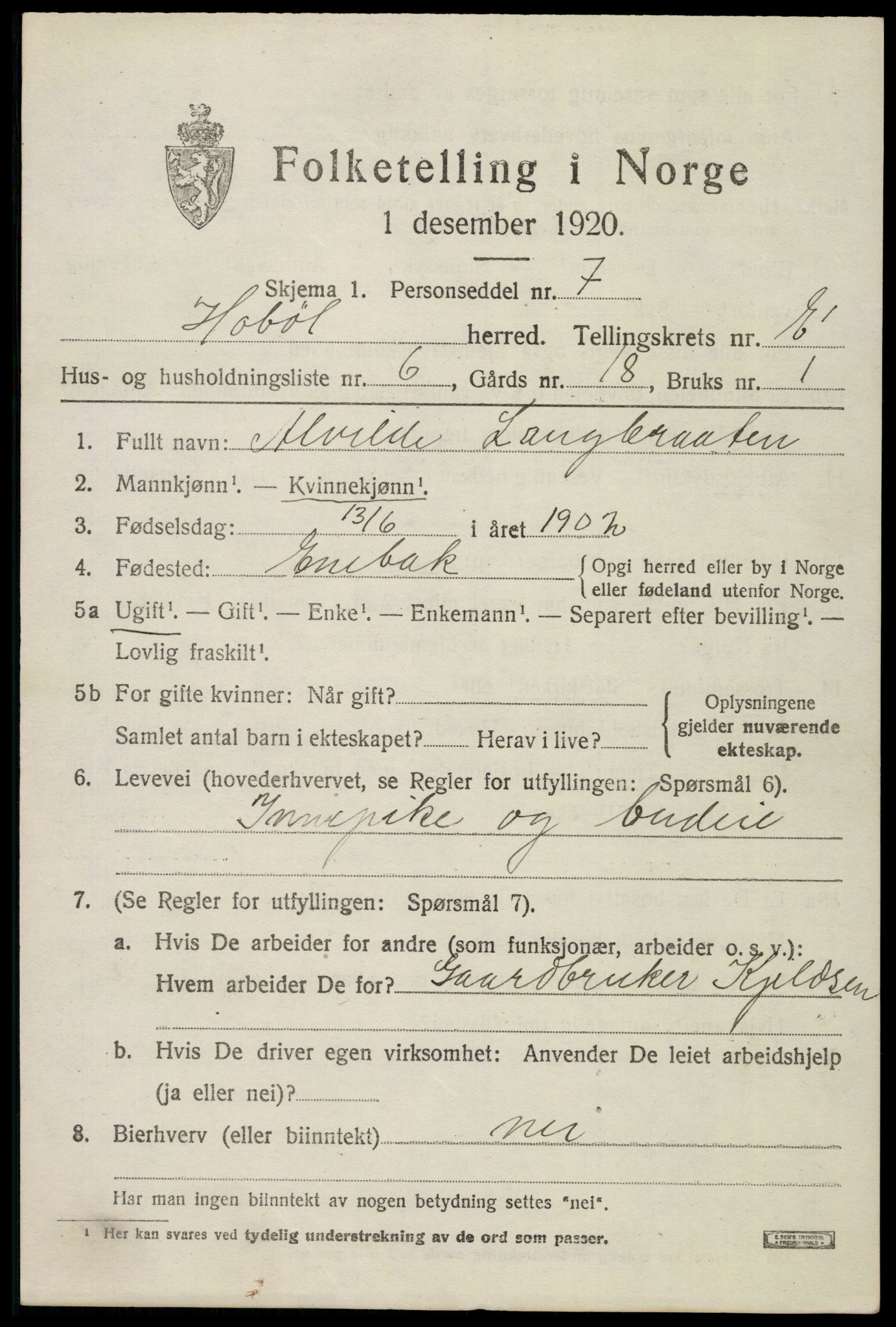 SAO, 1920 census for Hobøl, 1920, p. 5314