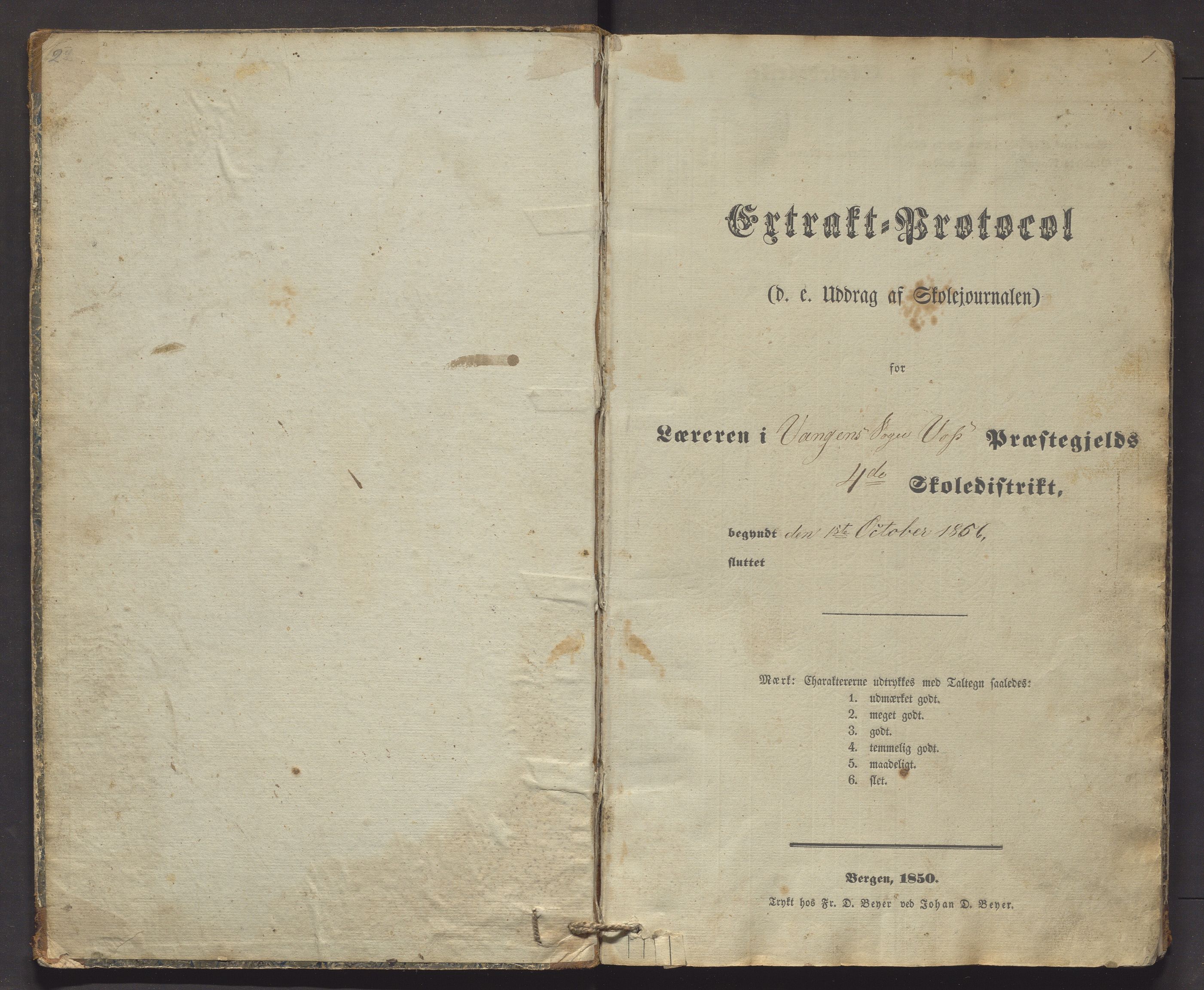 Voss kommune. Barneskulane, IKAH/1235-231/F/Fe/L0001: Skuleprotokoll for 4. skuledistrikt i Vangen sogn, 1855-1870