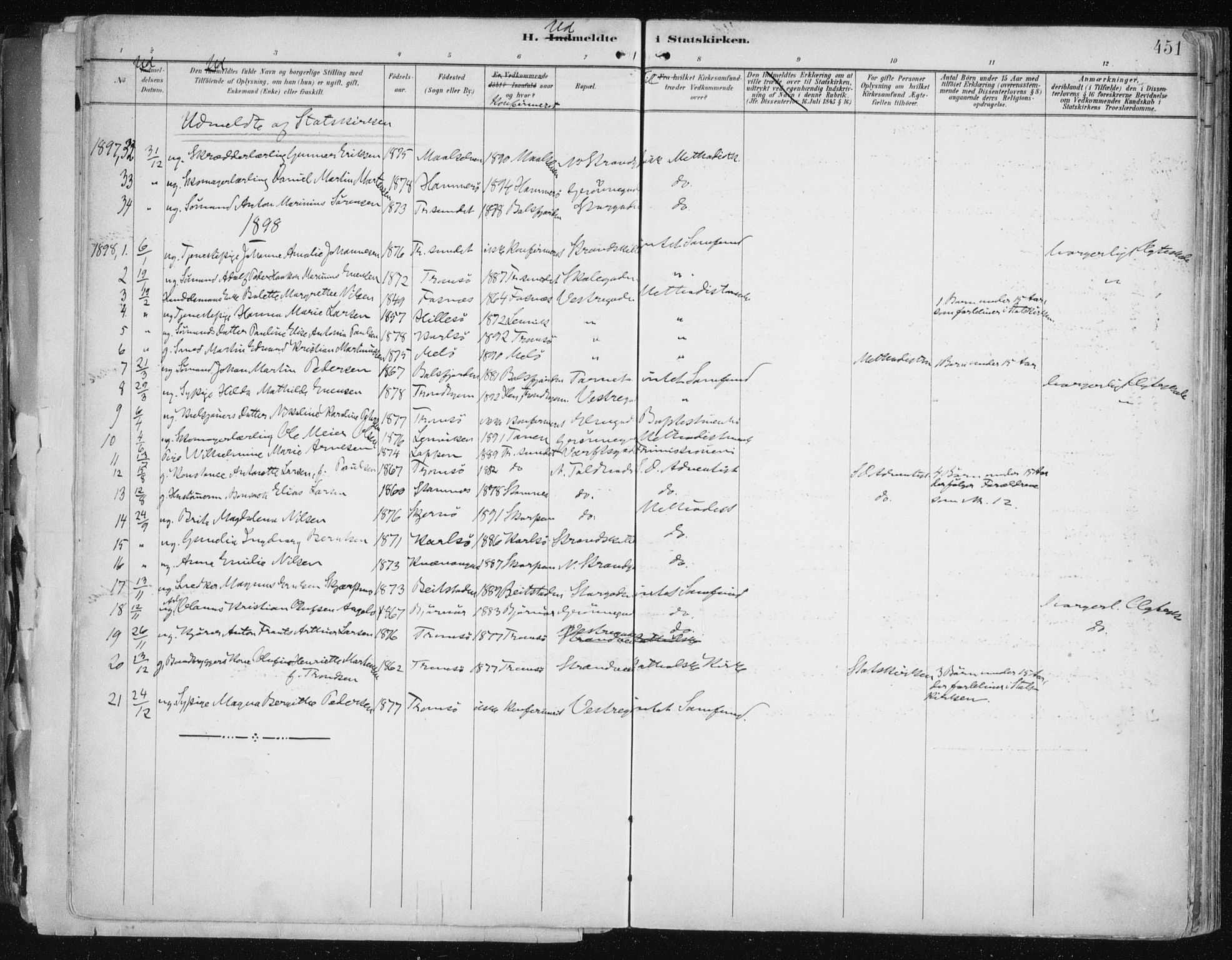 Tromsø sokneprestkontor/stiftsprosti/domprosti, AV/SATØ-S-1343/G/Ga/L0015kirke: Parish register (official) no. 15, 1889-1899, p. 451