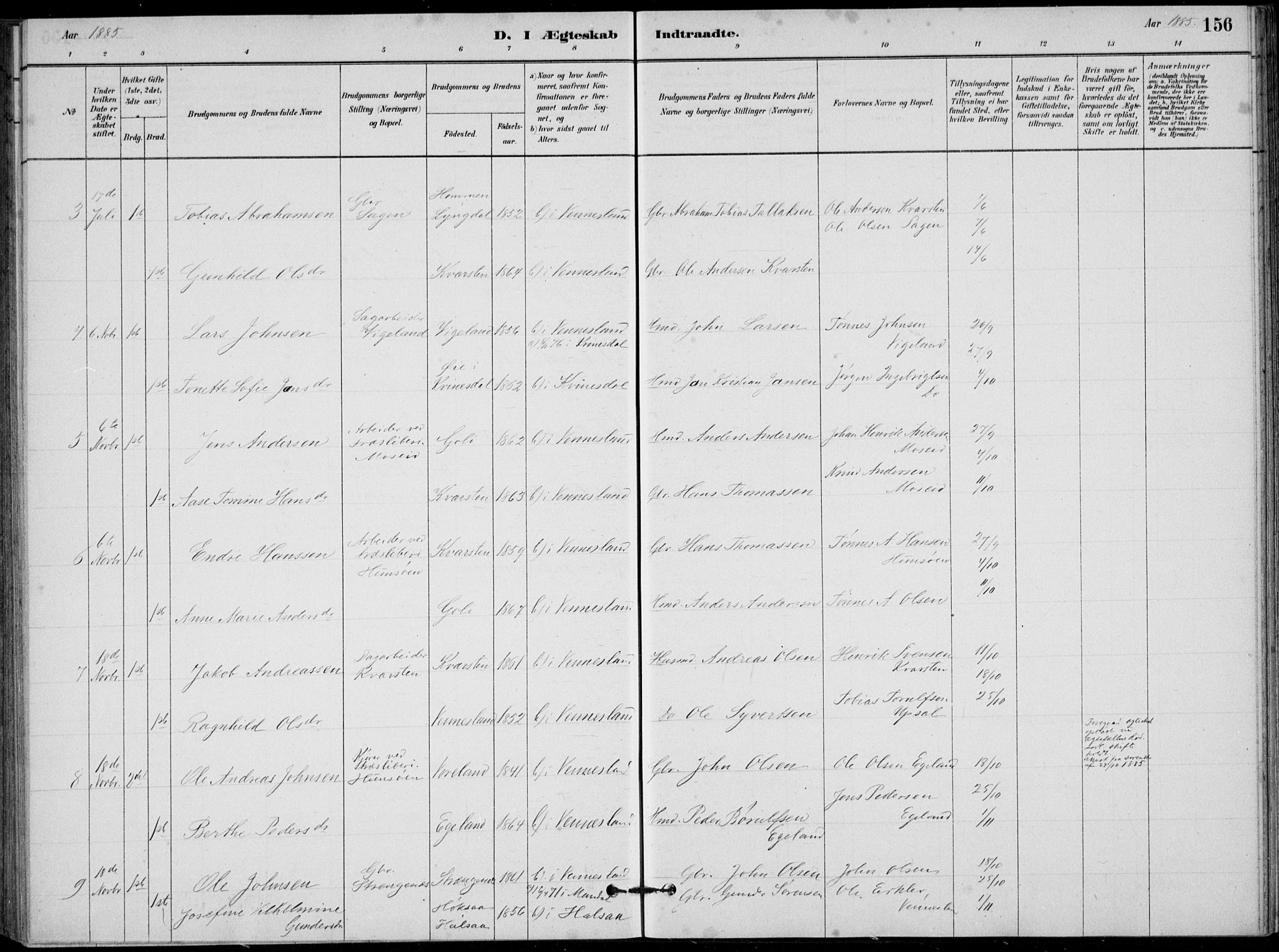 Vennesla sokneprestkontor, AV/SAK-1111-0045/Fb/Fbb/L0003: Parish register (copy) no. B 3, 1879-1893, p. 156